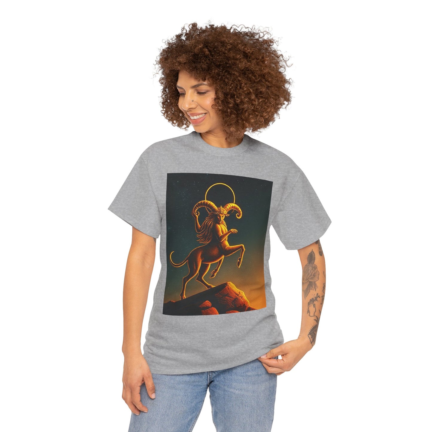 Unisex Heavy Cotton T-Shirt, Mountain Top, Aries Zodiac Design