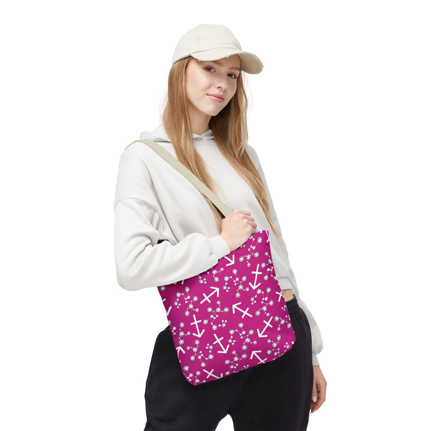 Tote Bag, Sagittarius Zodiac Sign, AOP, (Pink, White Print)