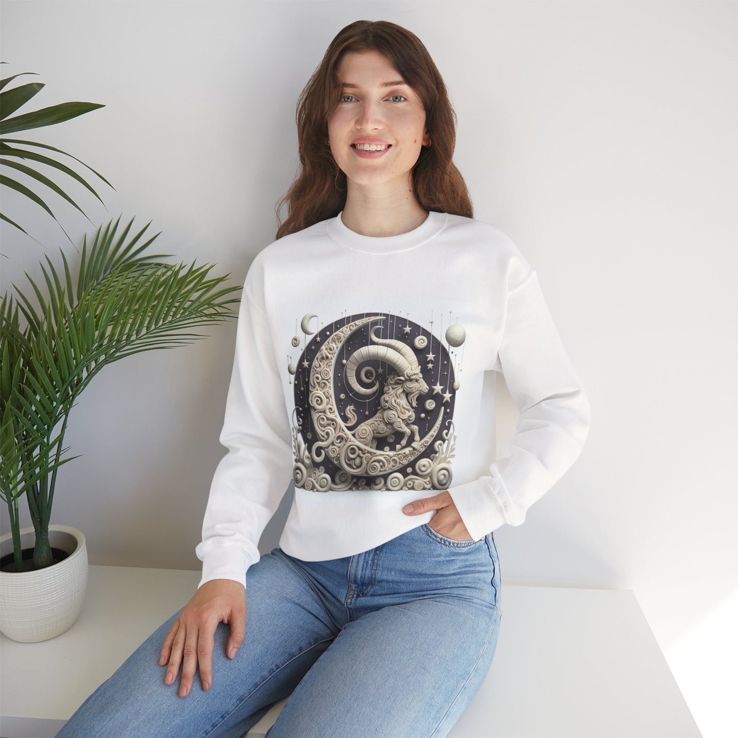 Unisex Heavy Blend™ Crewneck Sweatshirt, Stone Moon, Capricorn Zodiac Design
