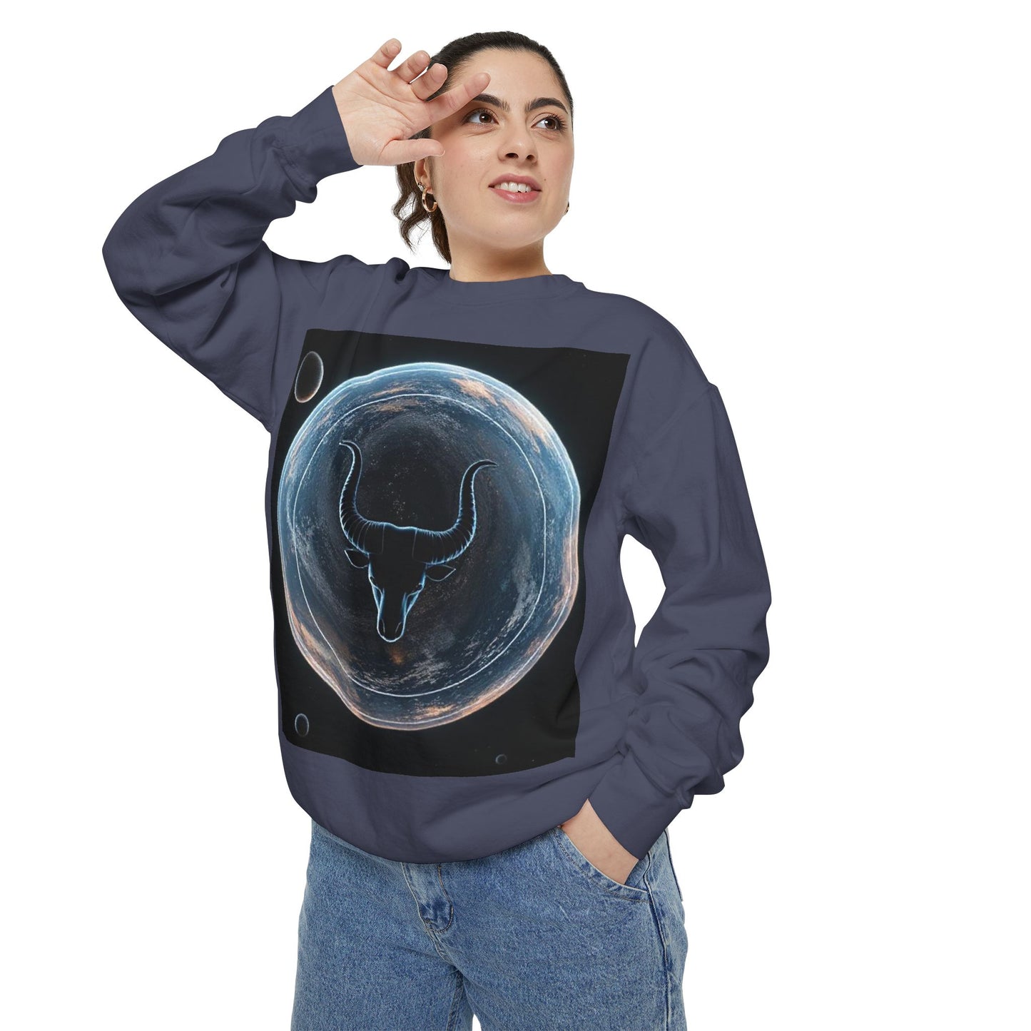 Garment-Dyed Sweatshirt, Unisex, Space Animal Design, Taurus