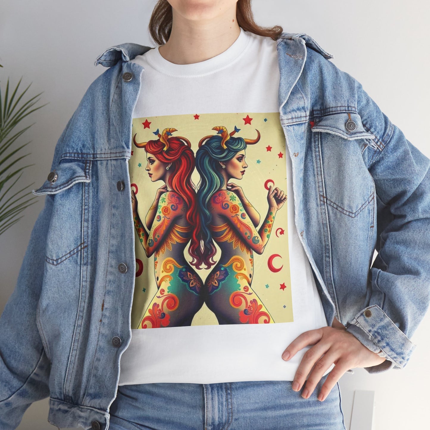 Unisex Heavy Cotton T-Shirt, Gemini, Zodiac v4, Sexy Art