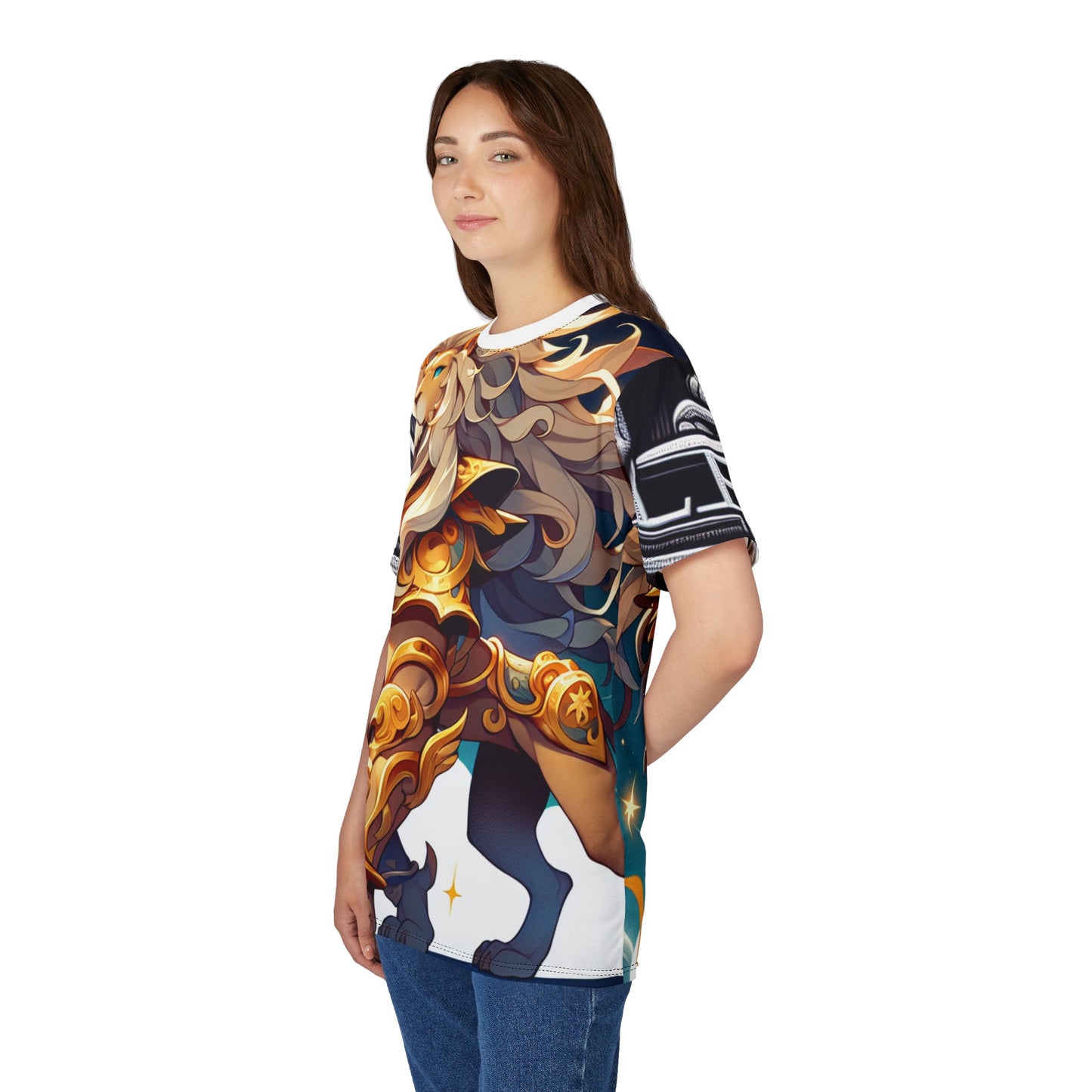 Unisex Cut & Sew T-Shirt (AOP), Armored Lion, Leo Zodiac Design, Regular fit, 100% Polyester