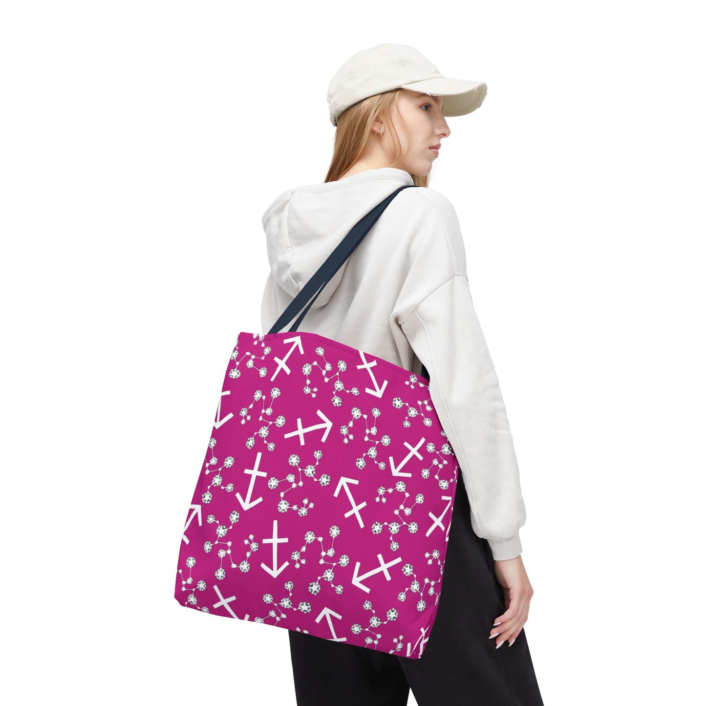 Tote Bag, Sagittarius Zodiac Sign, AOP, (Pink, White Print)
