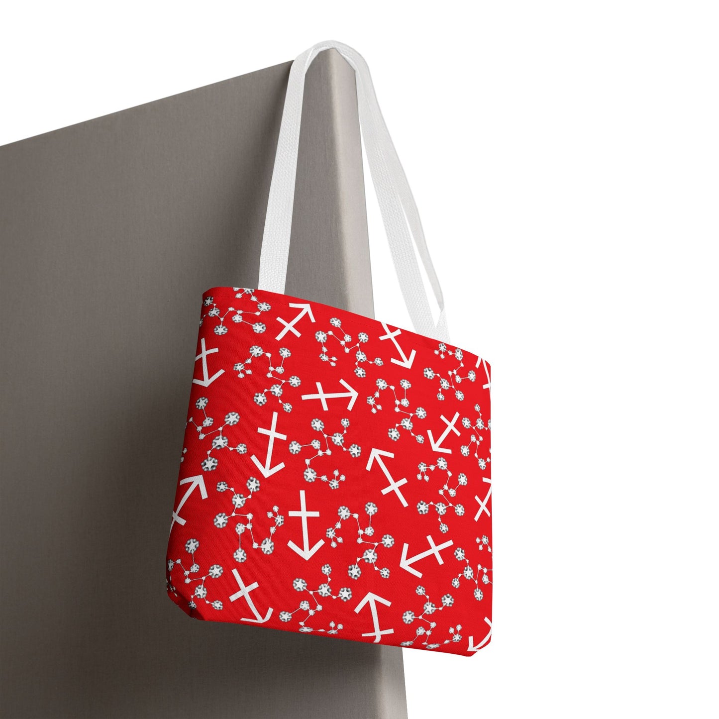 Tote Bag, Sagittarius Zodiac Sign, AOP, (Red, White Print)