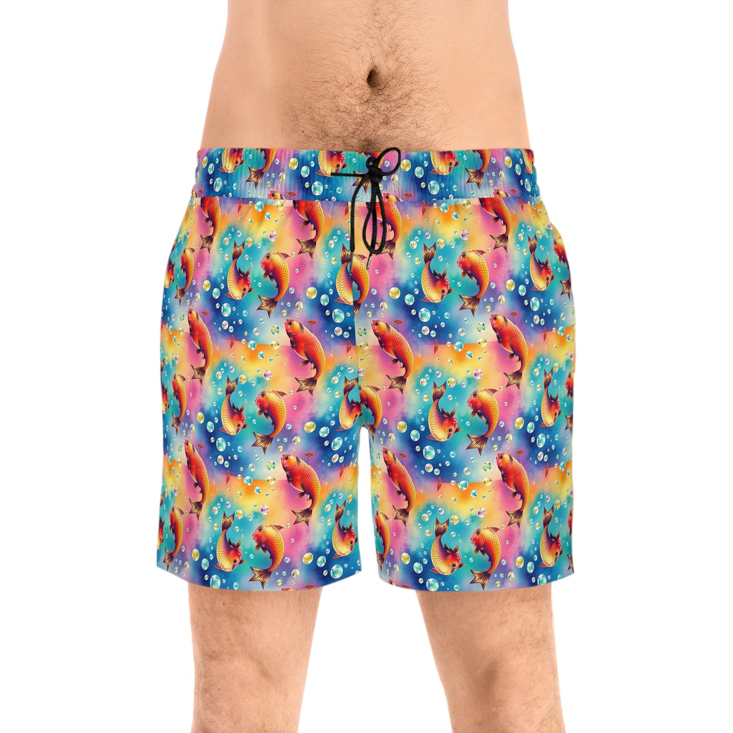 Men's Mid-Length Swim Shorts, (AOP), Pisces, Zodiac v1, Bubble Pattern