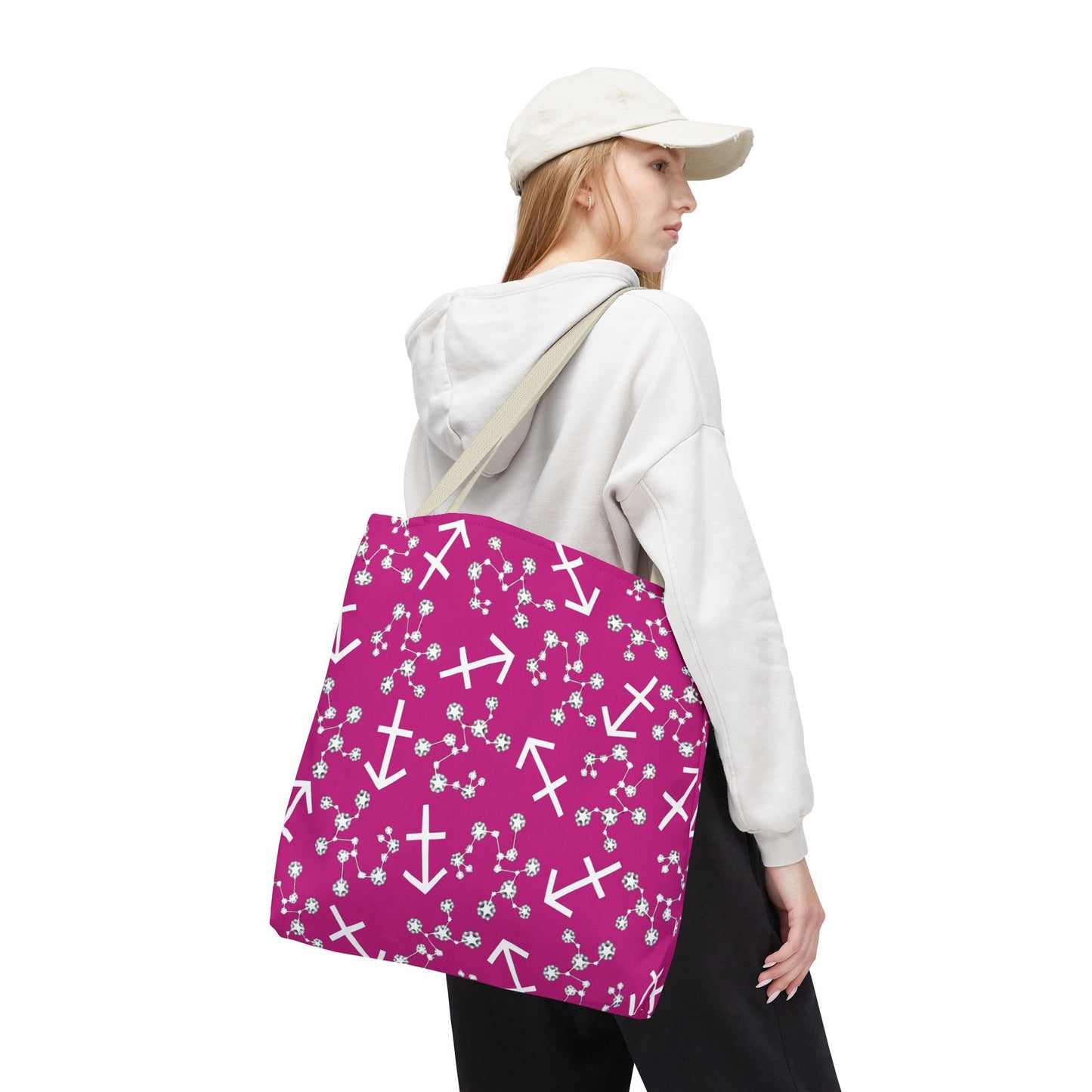 Tote Bag, Sagittarius Zodiac Sign, AOP, (Pink, White Print)