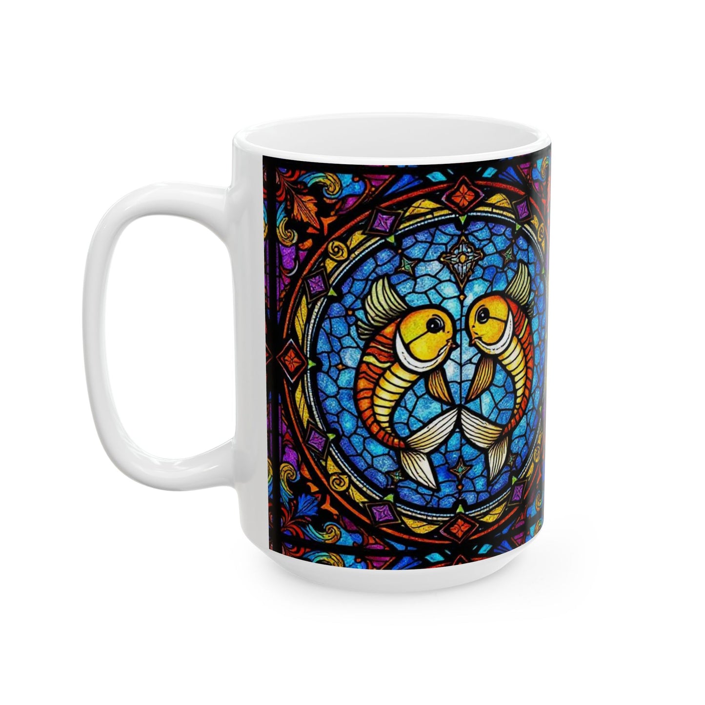 Ceramic Mug, (11oz, 15oz), Ceramic Coffee Mug, AOP, Glass Design, Pisces Zodiac Sign