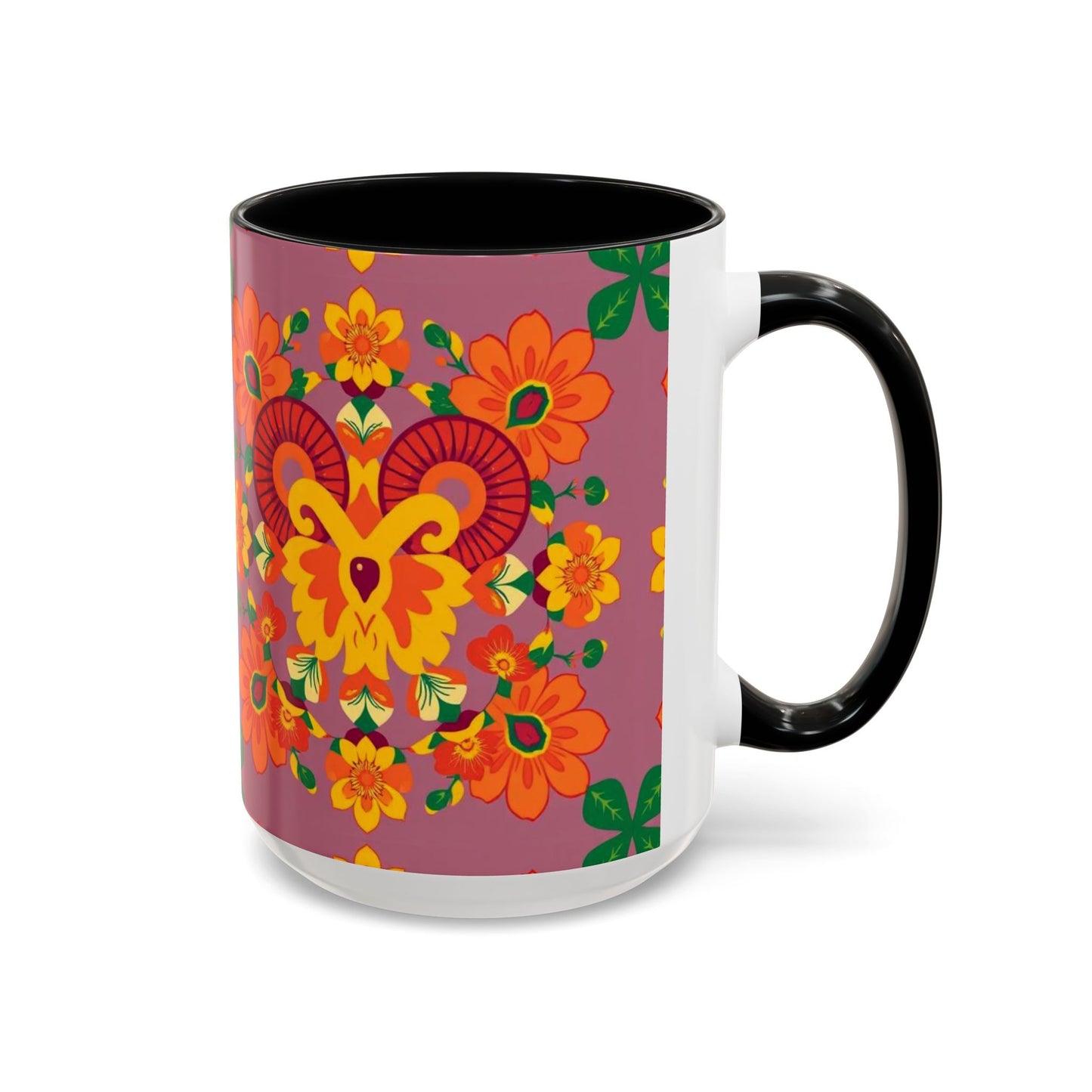 Accent Coffee Mug, Aries, Zodiac v1, Flower Pattern, (11, 15oz)