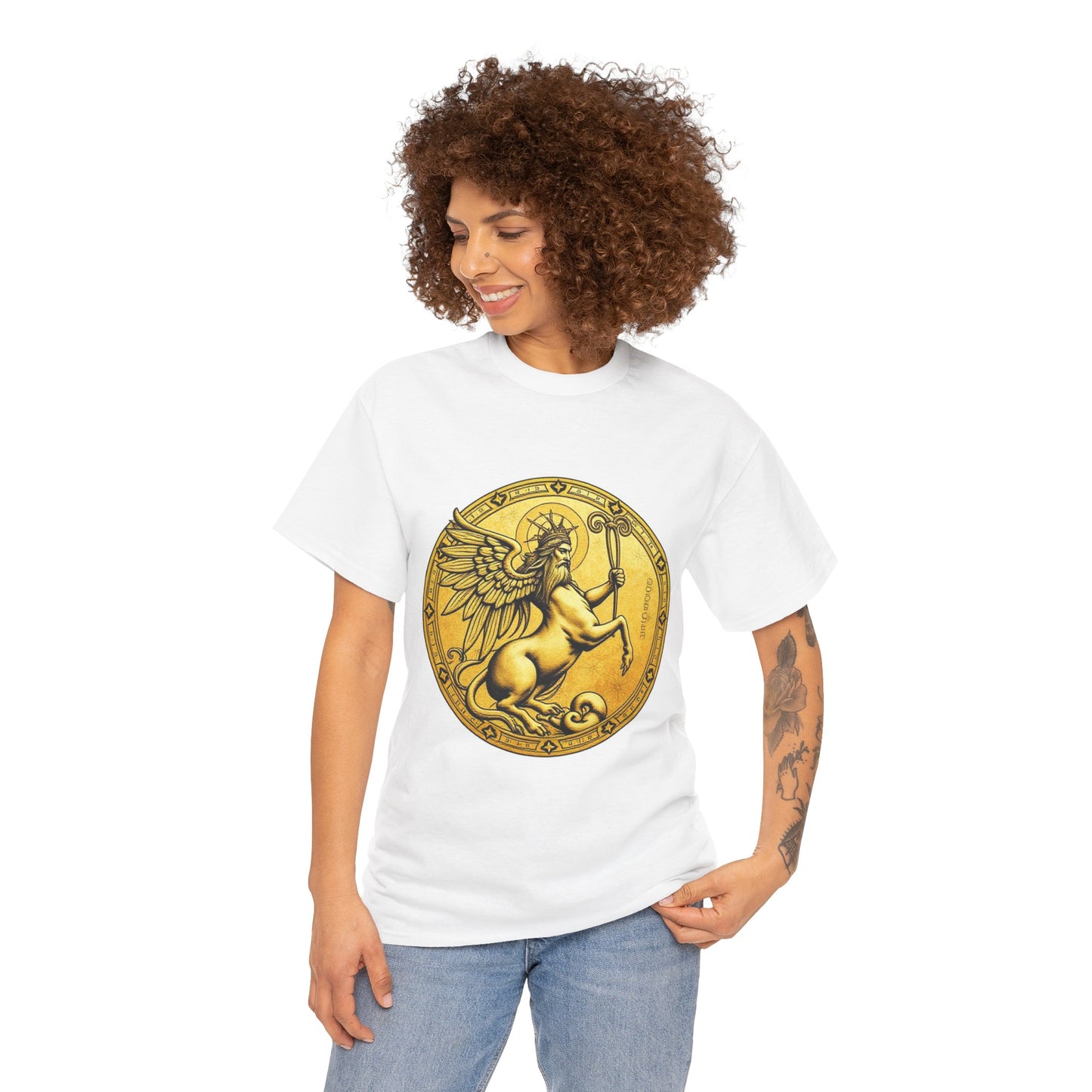 Unisex Heavy Cotton T-Shirt, Golden Angel Coin, Virgo Zodiac Design