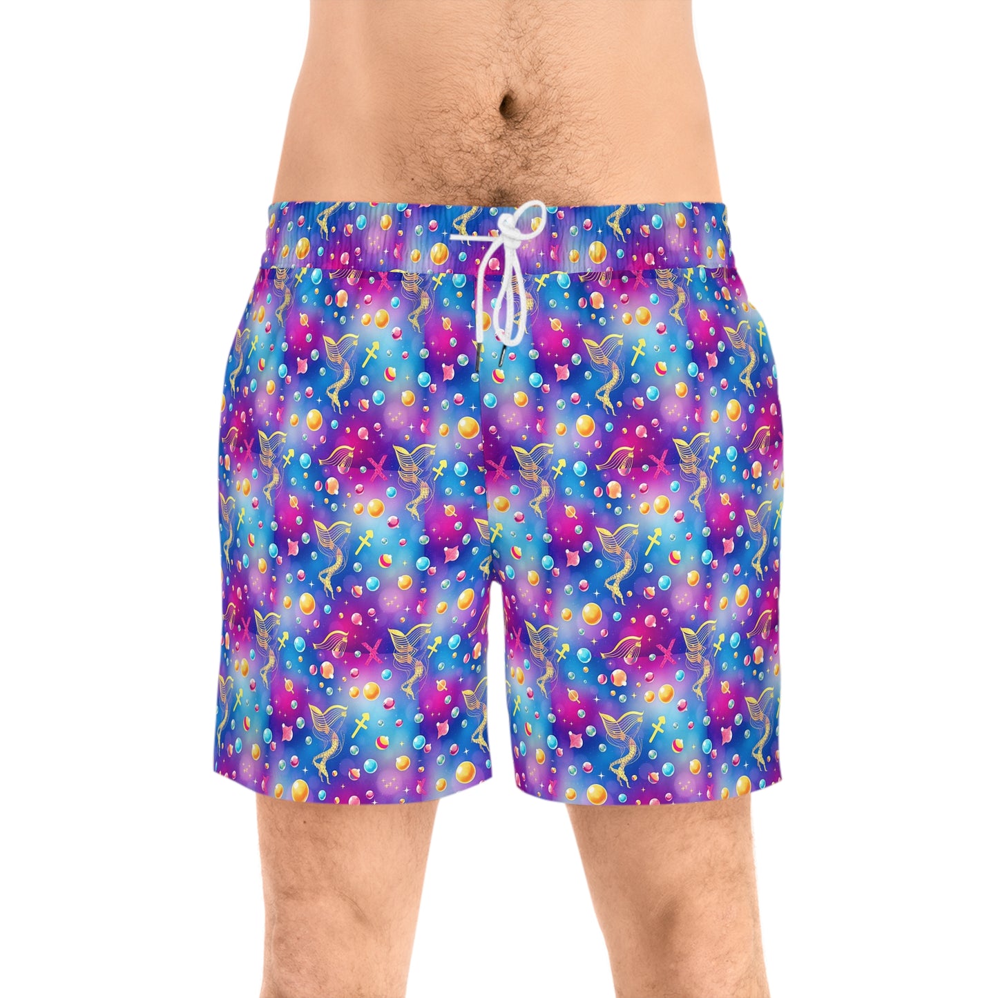 Men's Mid-Length Swim Shorts, (AOP), Sagittarius, Zodiac, Bubble Pattern