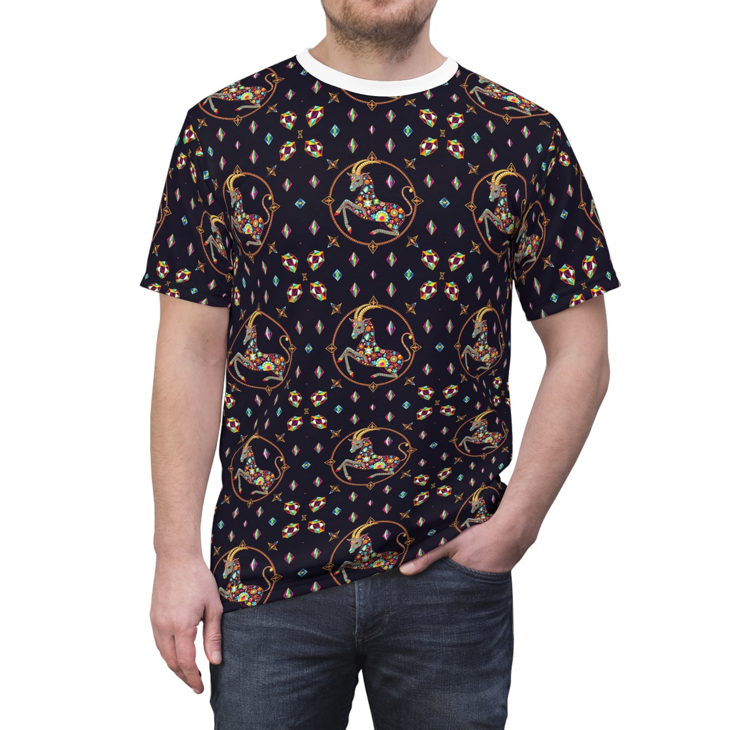 Unisex Cut & Sew T-Shirt, (AOP), Capricorn, Zodiac, Jewels Pattern