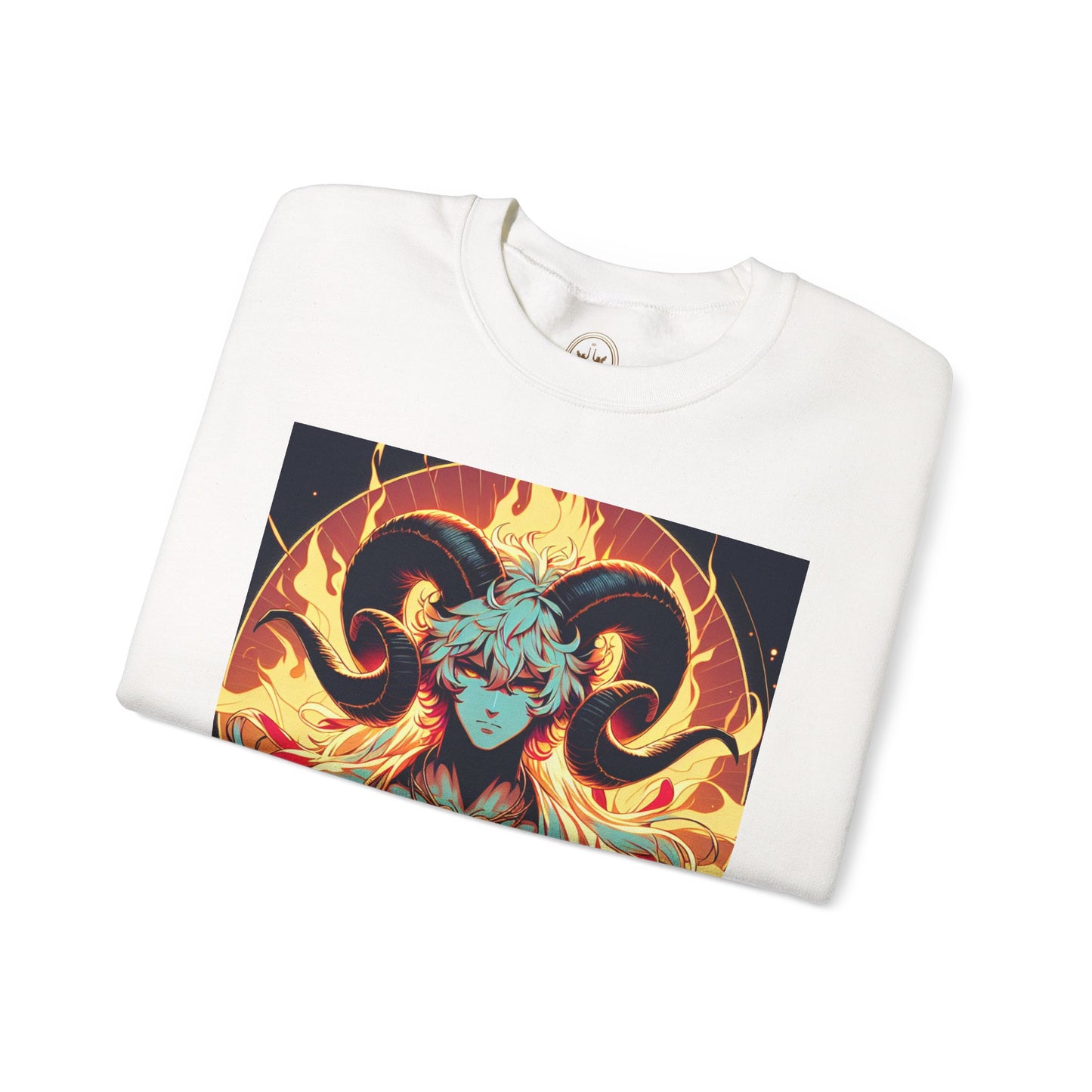 Unisex Heavy Blend™ Crewneck Sweatshirt, Anime Fire Aries, Zodiac Design