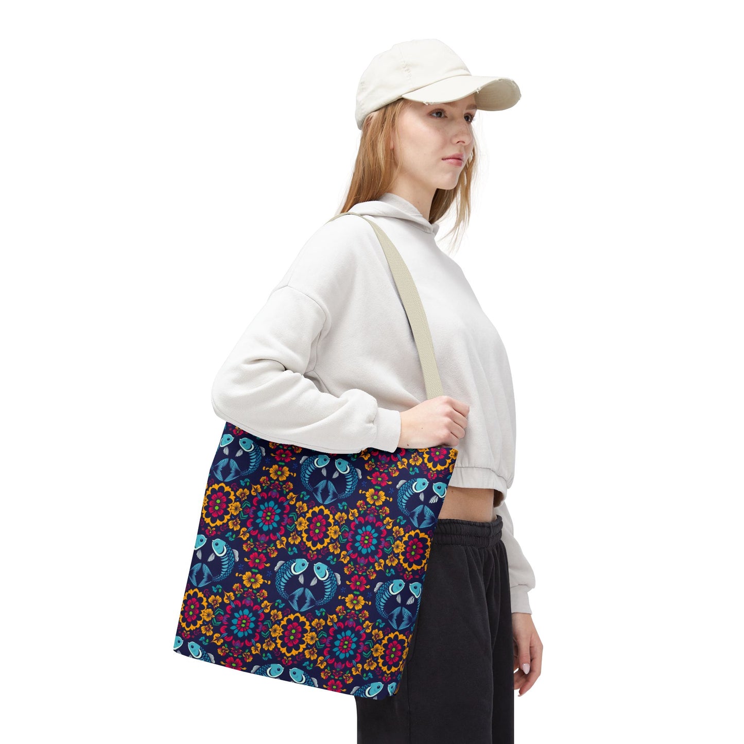 Tote Bag, (AOP), Pisces, Zodiac v3, Flower Pattern