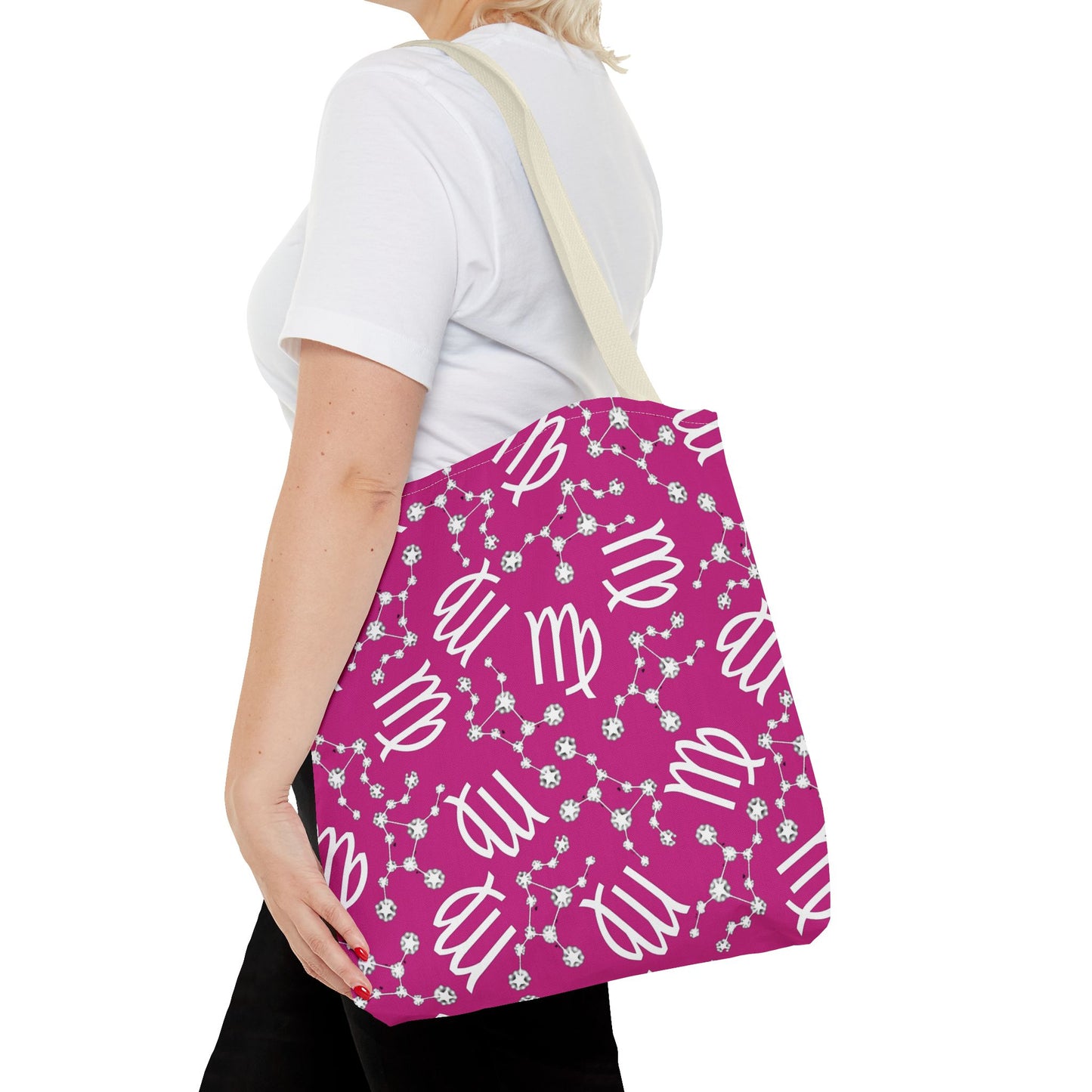 Tote Bag, Virgo Zodiac Sign, AOP, (Pink, White)
