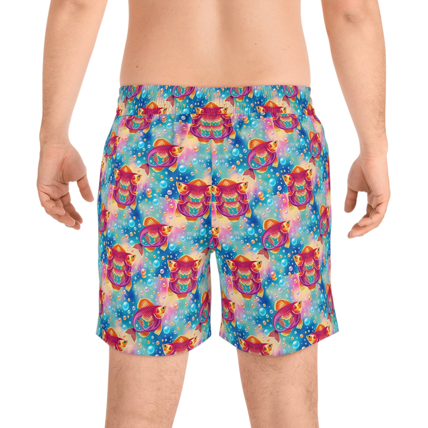 Men's Mid-Length Swim Shorts, (AOP), Pisces, Zodiac v3, Bubble Pattern