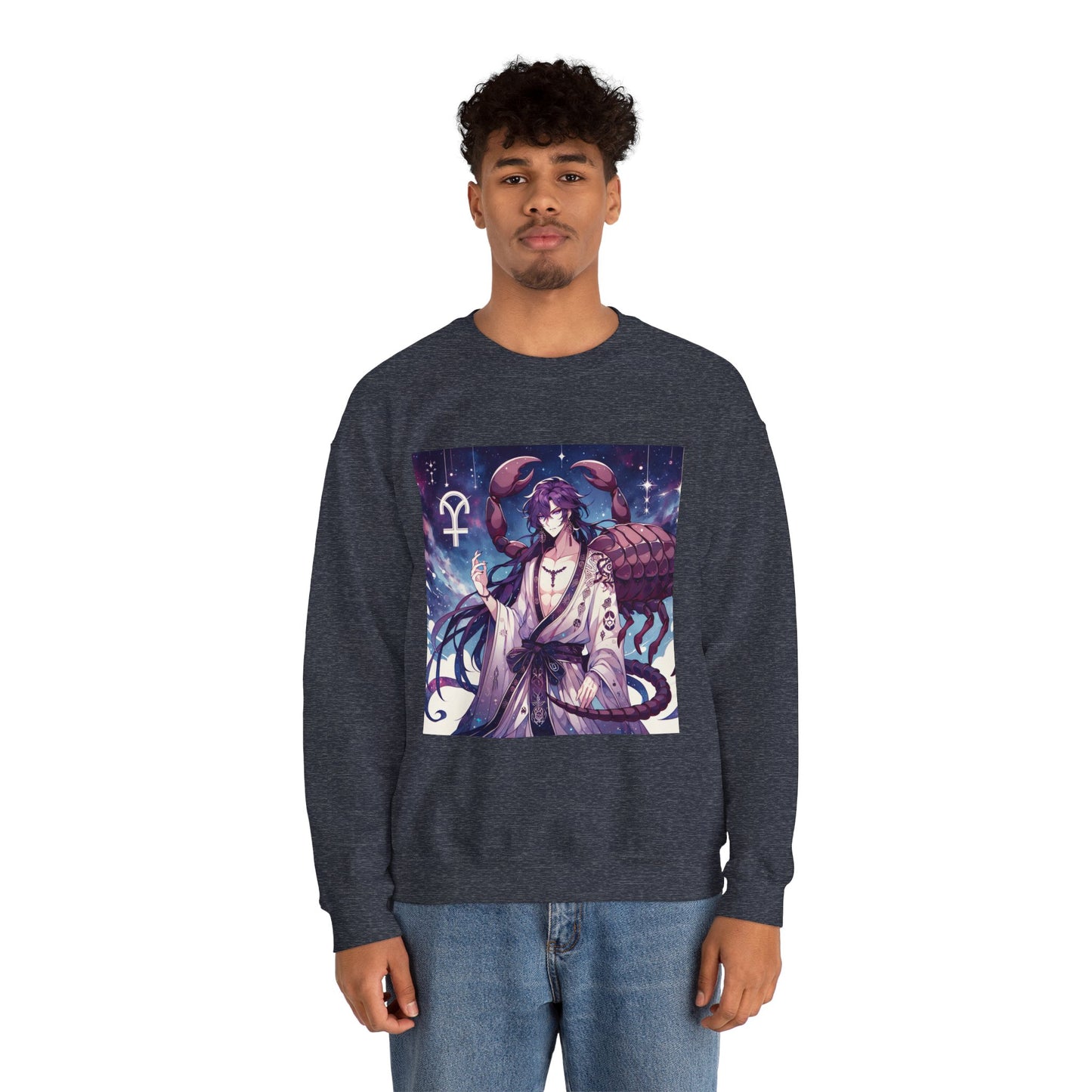 Unisex Heavy Blend™ Crewneck Sweatshirt, Scorpio Zodiac Design, purple scorpion anime