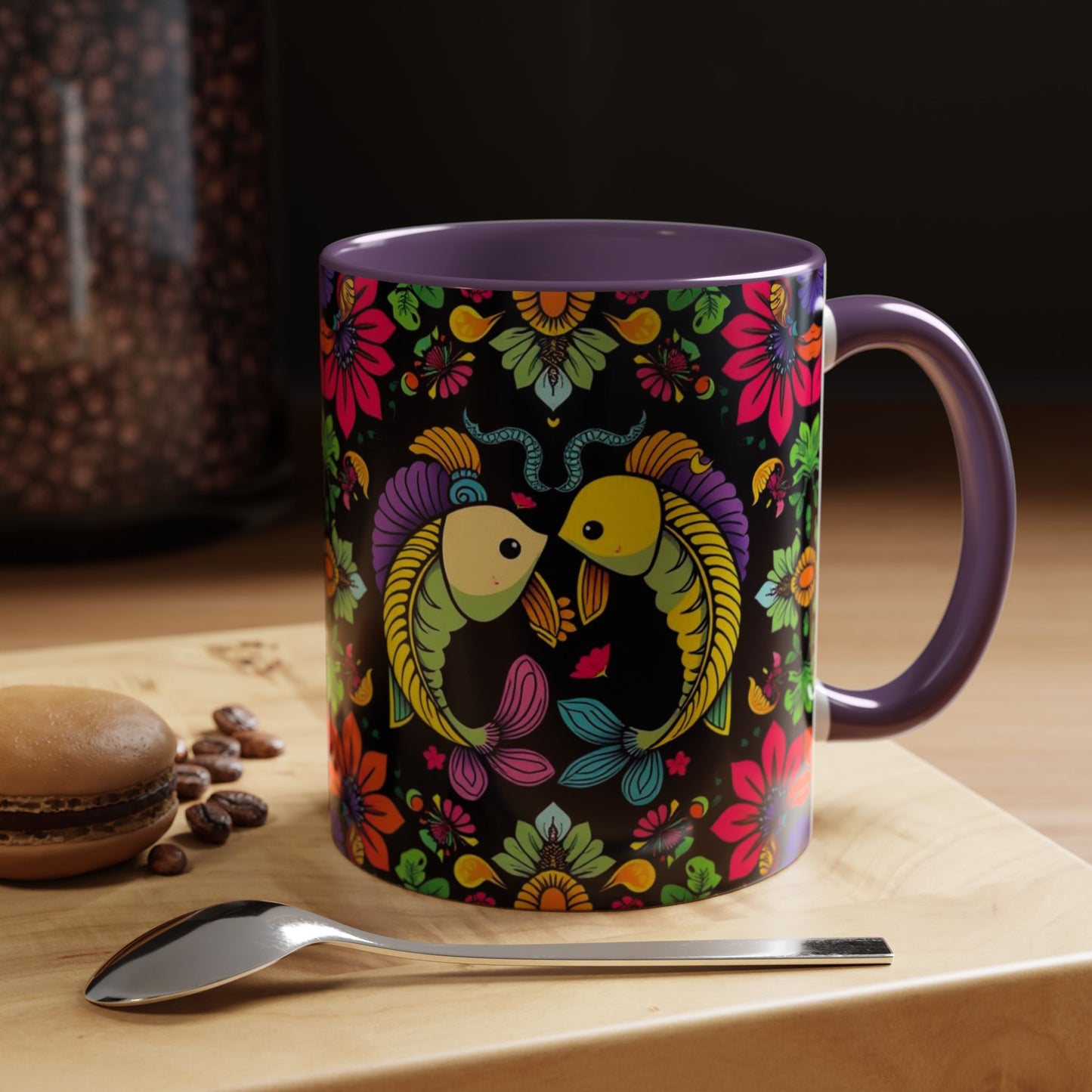 Accent Coffee Mug, Pisces, Zodiac v3, Flower Pattern, (11, 15oz)