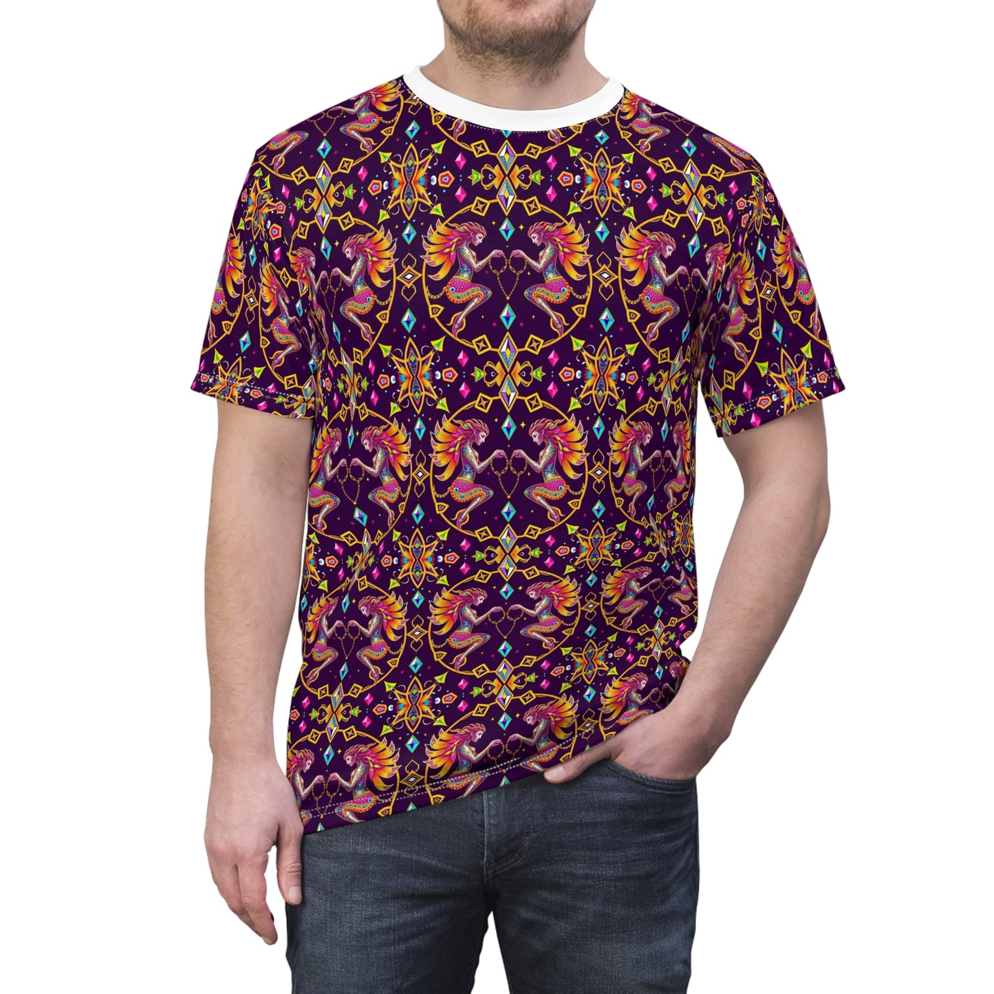 Unisex Cut & Sew T-Shirt, (AOP), Gemini, Zodiac v2, Jewels Pattern