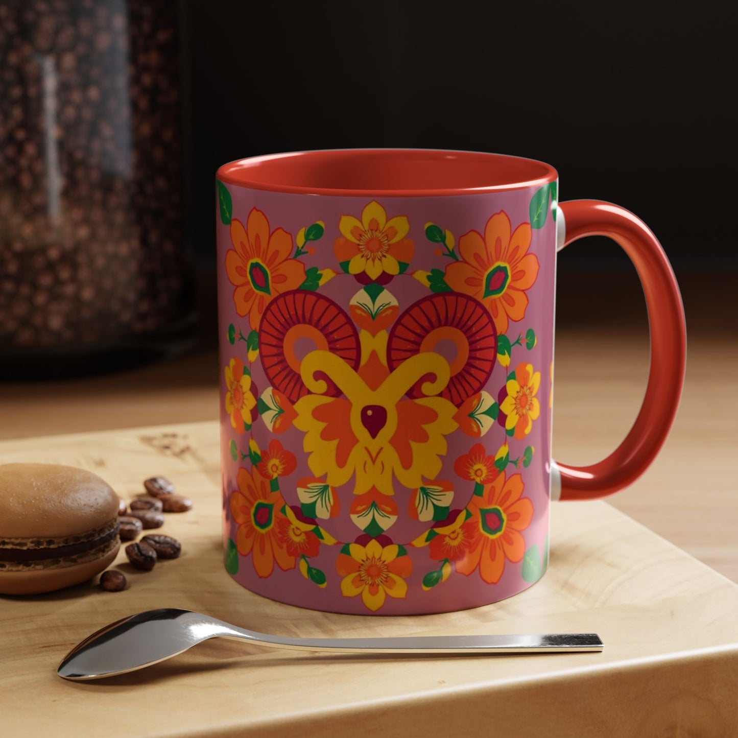 Accent Coffee Mug, Aries, Zodiac v1, Flower Pattern, (11, 15oz)
