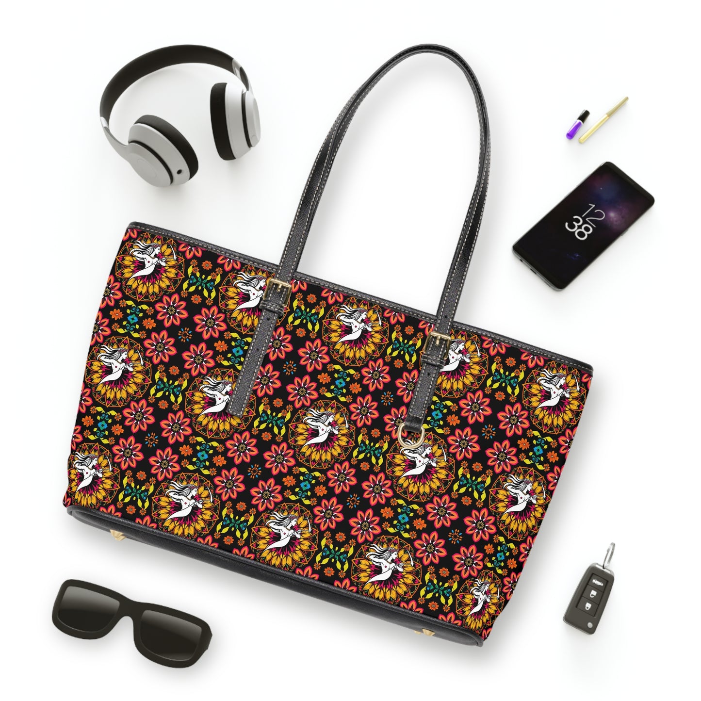 Leather Shoulder Bag, Sagittarius, Zodiac, Flower Pattern