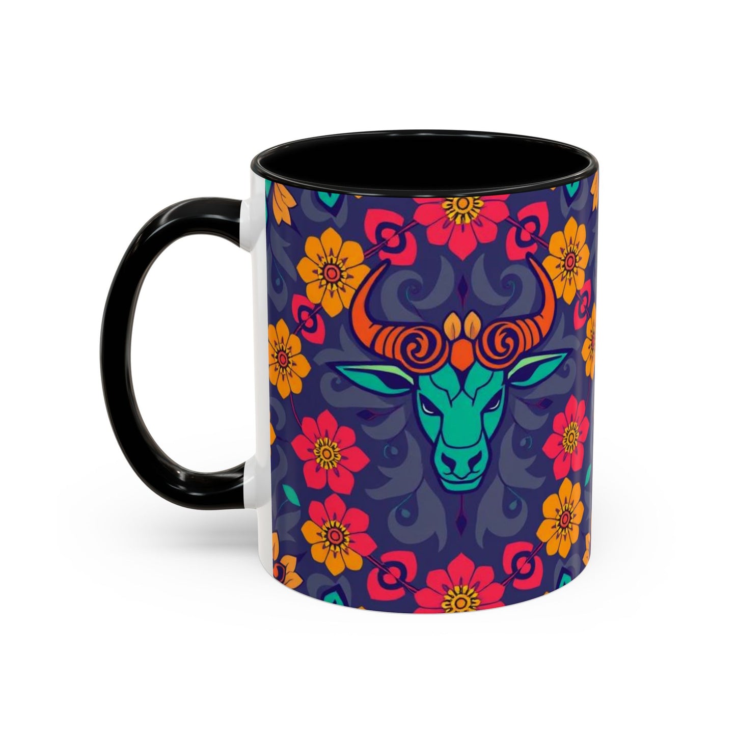 Accent Coffee Mug, Taurus, Zodiac. Flower Pattern, (11, 15oz)