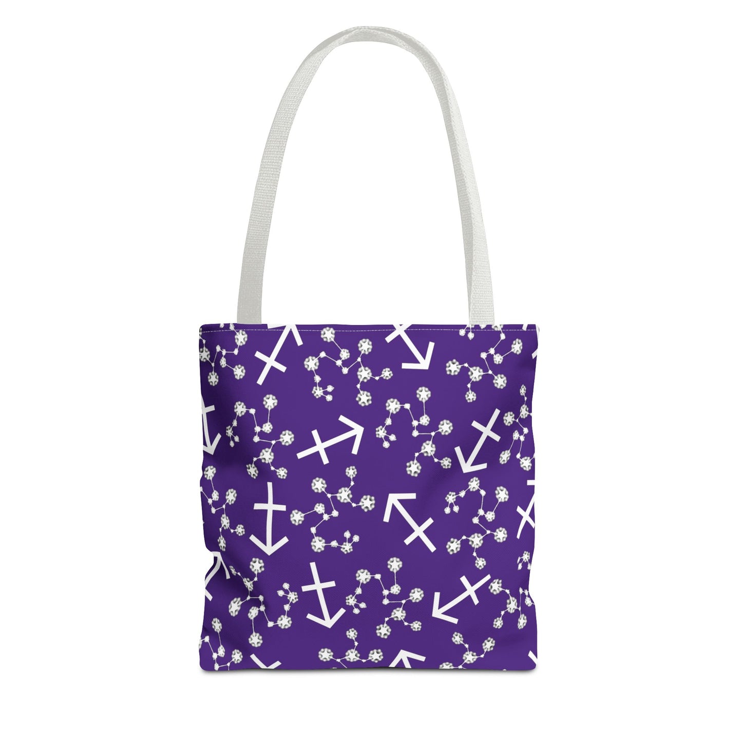 Tote Bag, Sagittarius Zodiac Sign, AOP, (Purple, White Print)