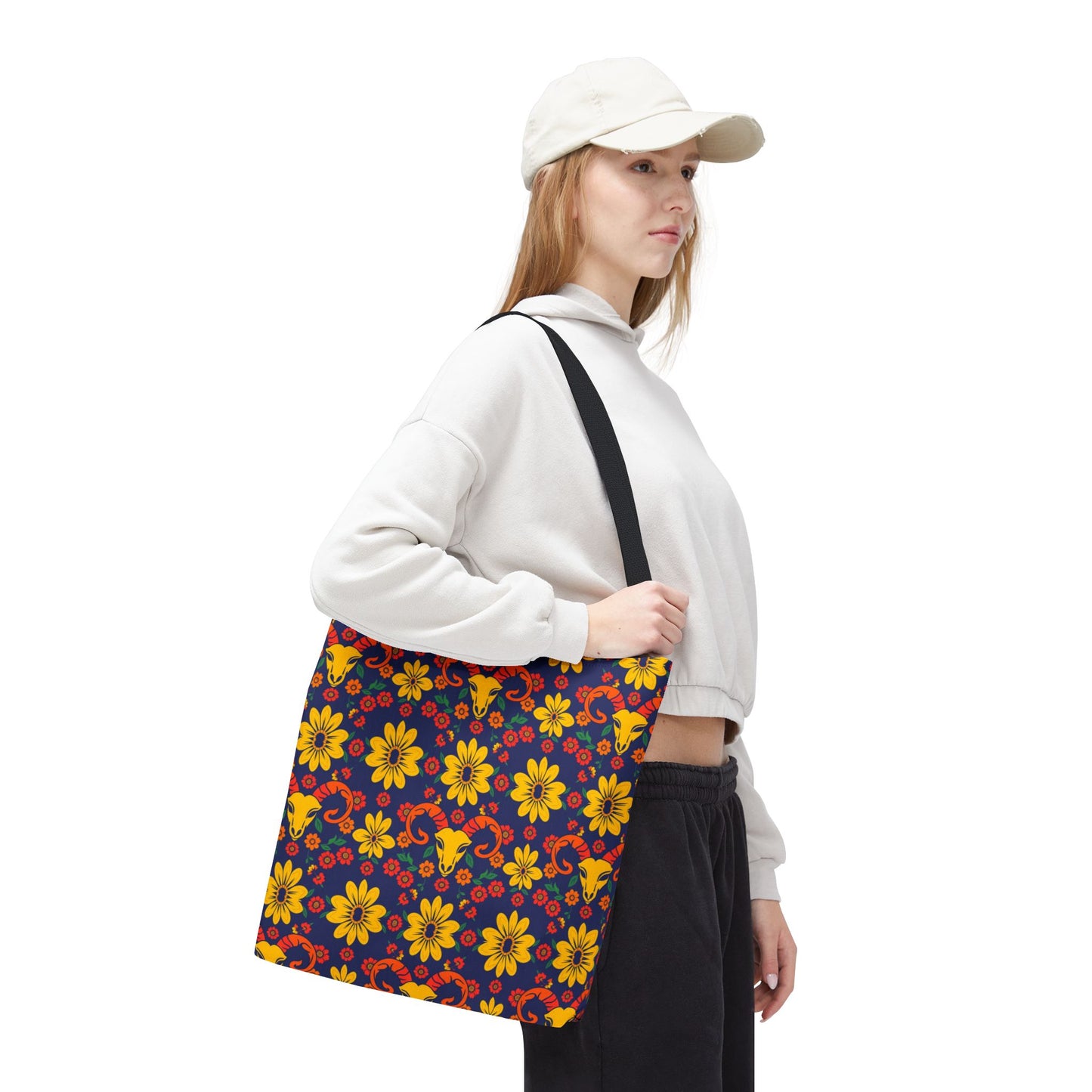 Tote Bag, (AOP), Aries, Zodiac v5, Flower Pattern