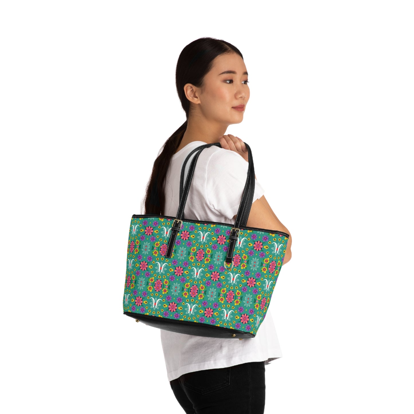 Leather Shoulder Bag, Aquarius, Zodiac v2, Flower Pattern