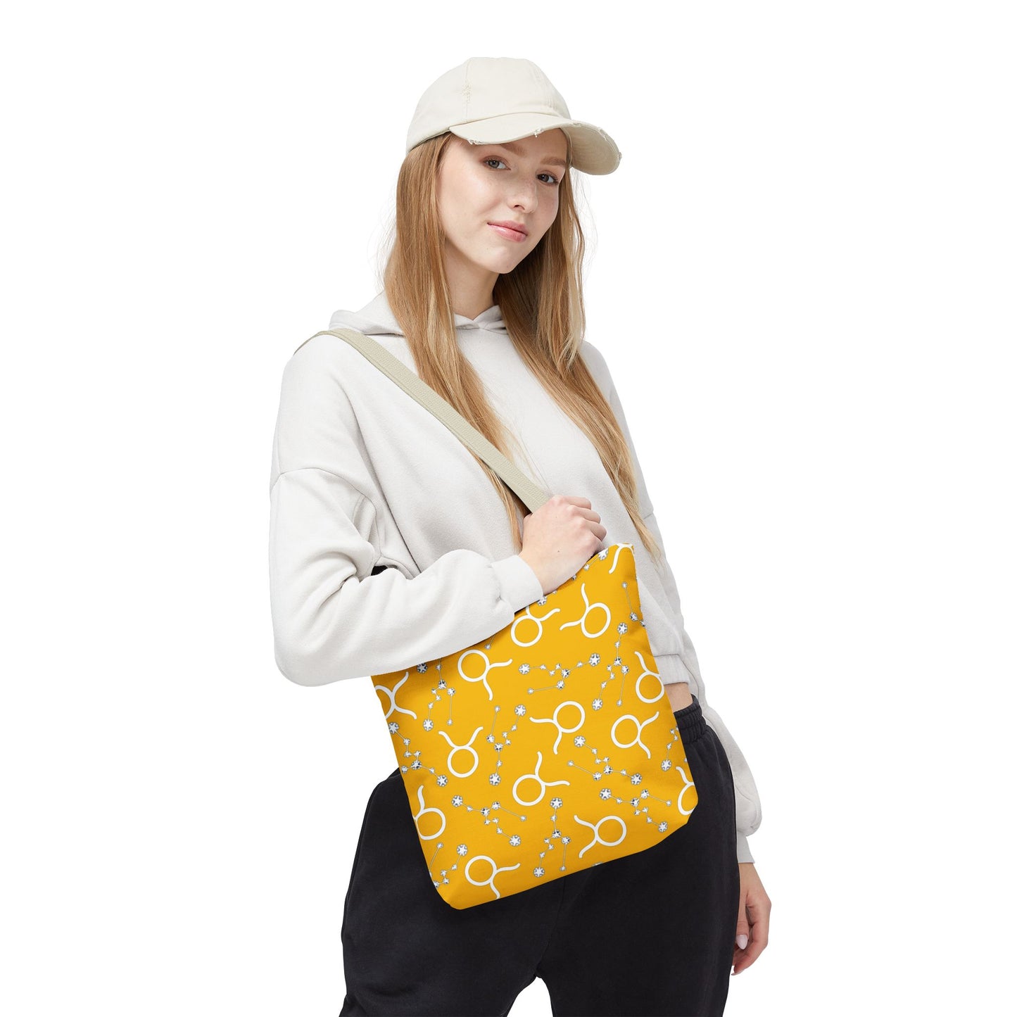 Tote Bag, Taurus Zodiac Sign, AOP, (Yellow, White)