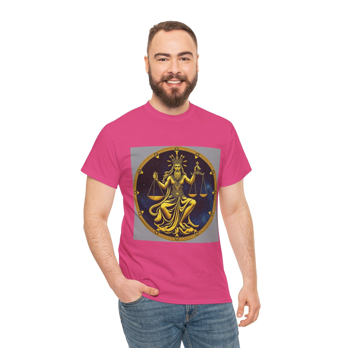 Unisex Heavy Cotton T-Shirt, Gold v1, Libra God, Zodiac Design