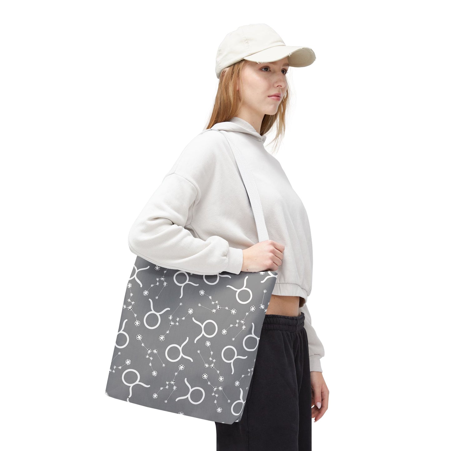 Tote Bag, Taurus Zodiac Sign, AOP, (Grey, White)