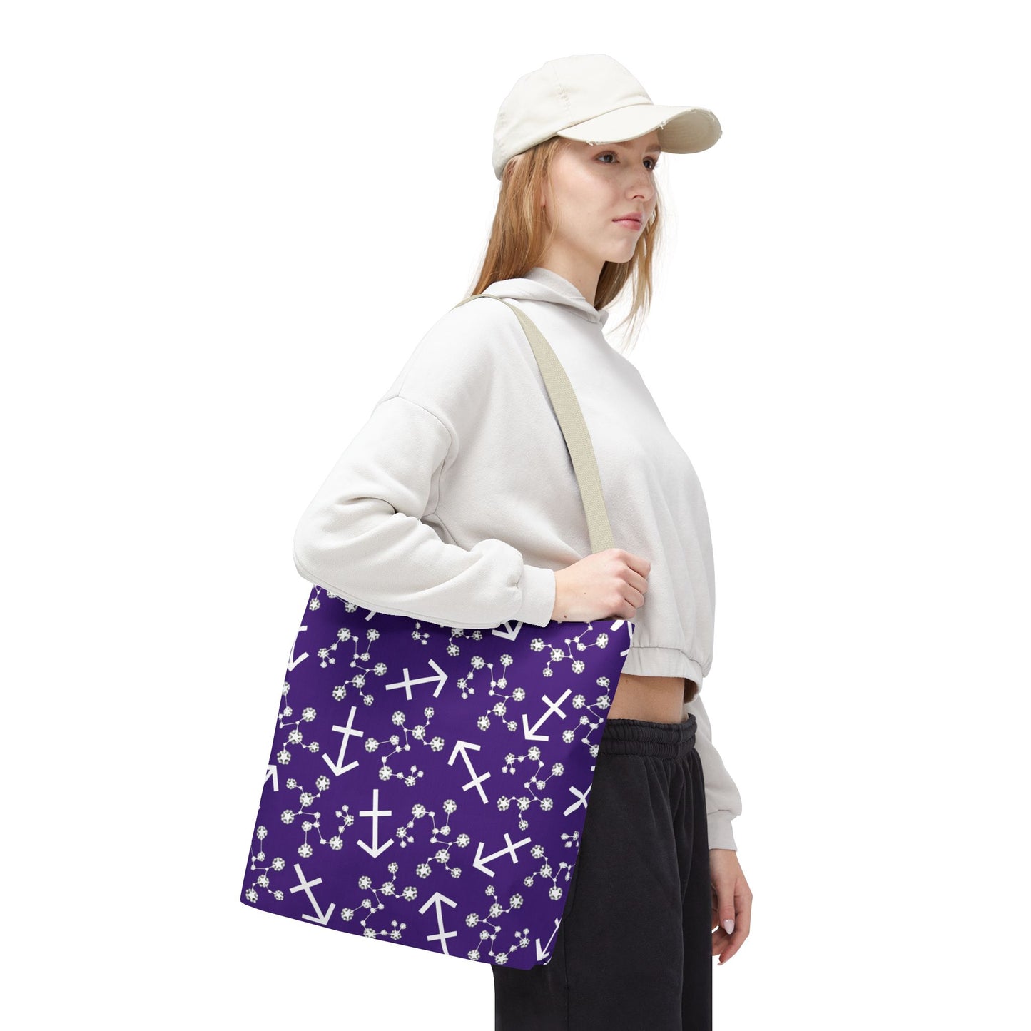 Tote Bag, Sagittarius Zodiac Sign, AOP, (Purple, White Print)