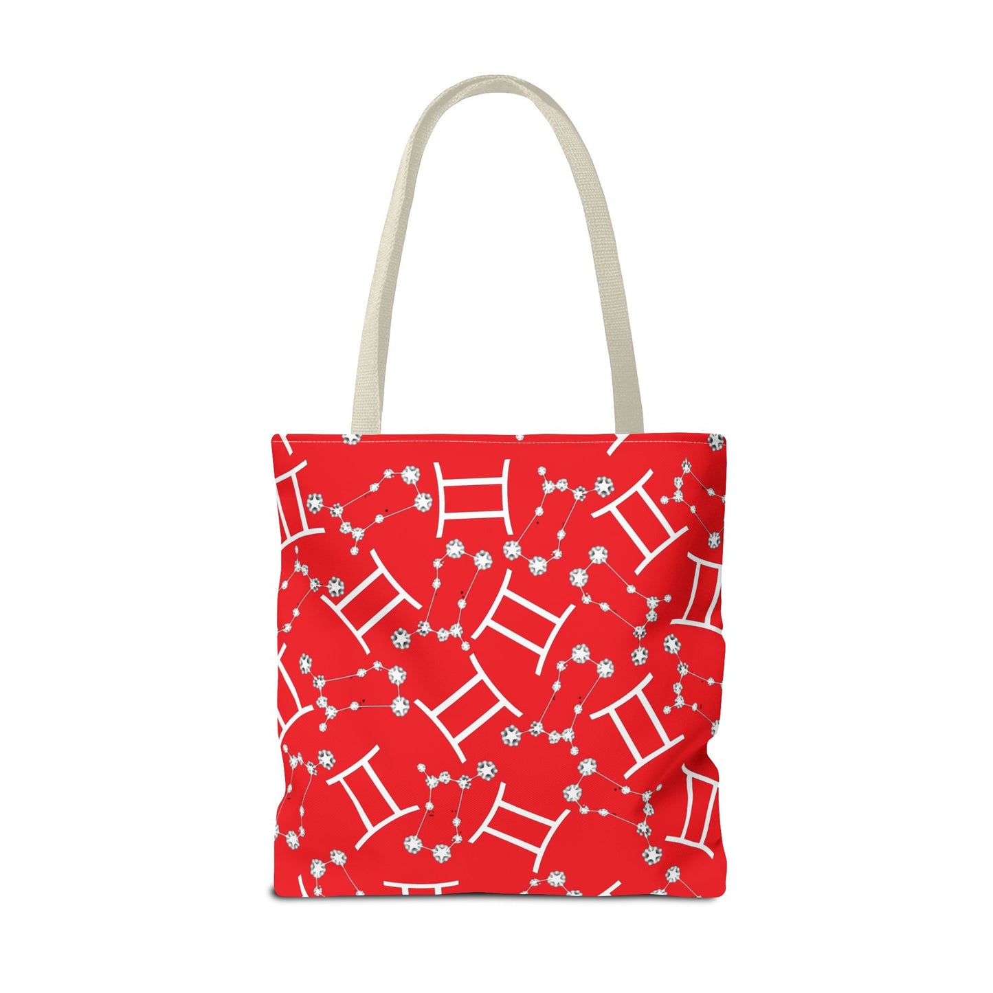 Tote Bag, Gemini Zodiac Sign, AOP, (Red, White Print)