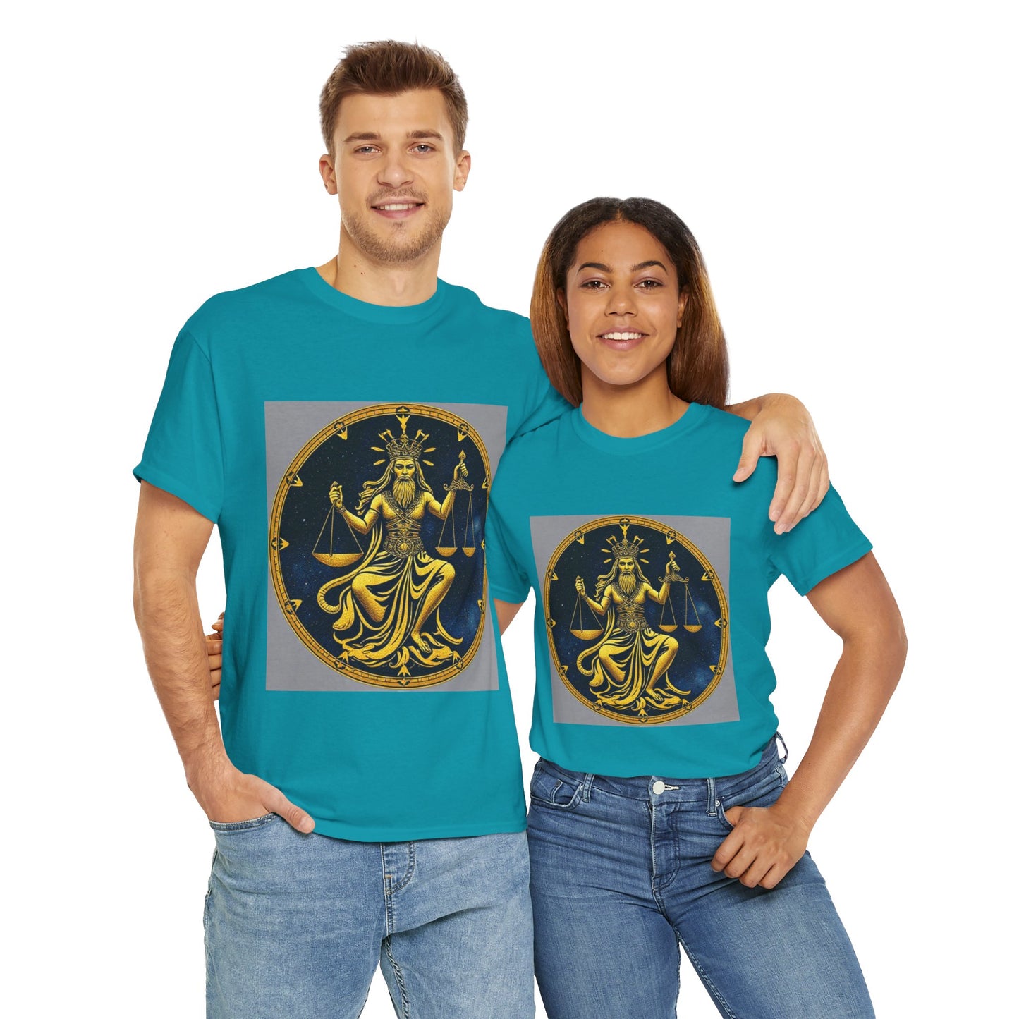 Unisex Heavy Cotton T-Shirt, Gold v1, Libra God, Zodiac Design