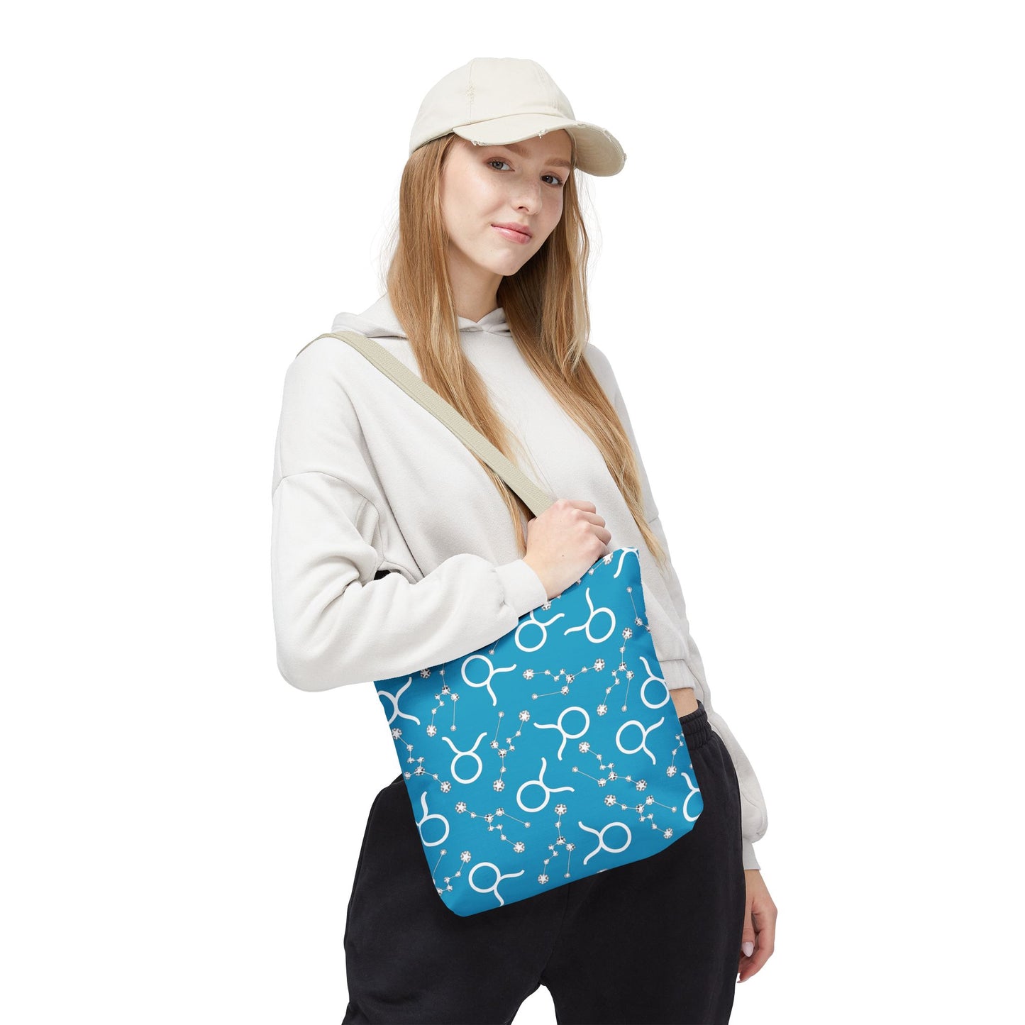 Tote Bag, Taurus Zodiac Sign, AOP, (Turquoise, White)