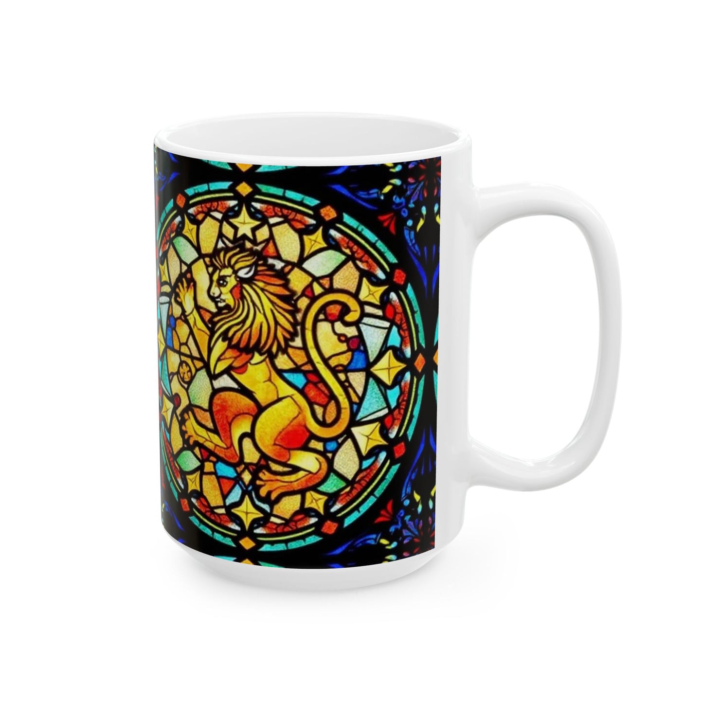 Ceramic Mug, (11oz, 15oz), Glass Design v1, AOP, Leo Zodiac Sign