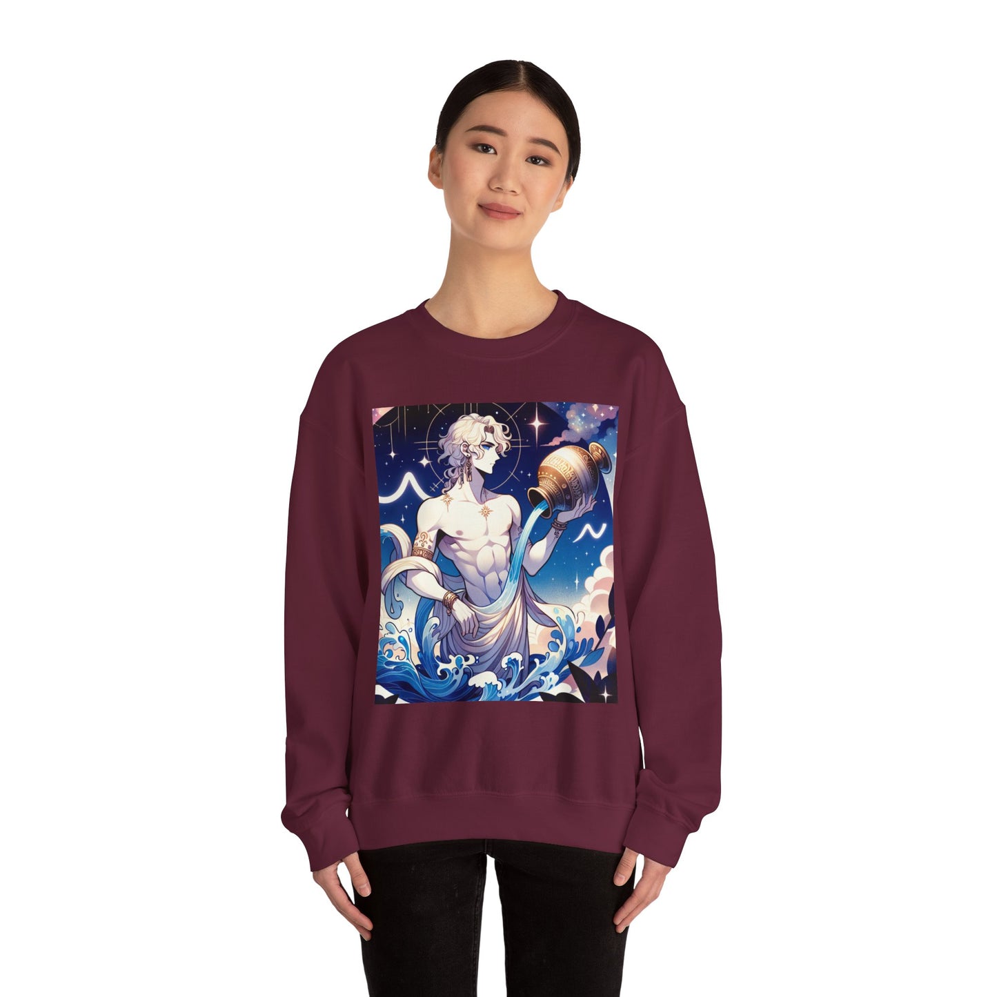 Unisex Heavy Blend™ Crewneck Sweatshirt, Anime Aqua God, Aquarius Zodiac Design