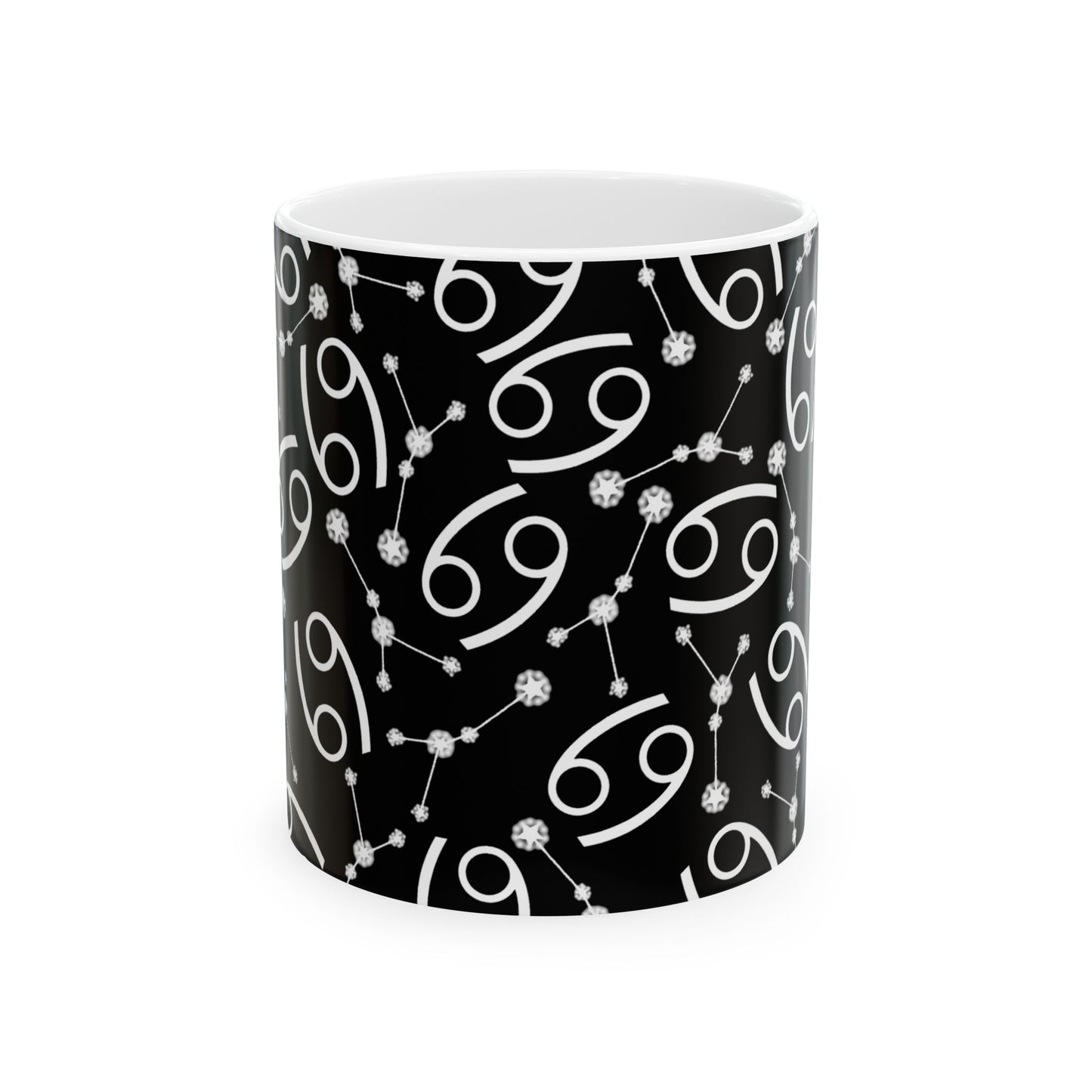 Ceramic Mug, (11oz, 15oz), Ceramic Coffee Mug, Black AOP, Cancer Zodiac Design