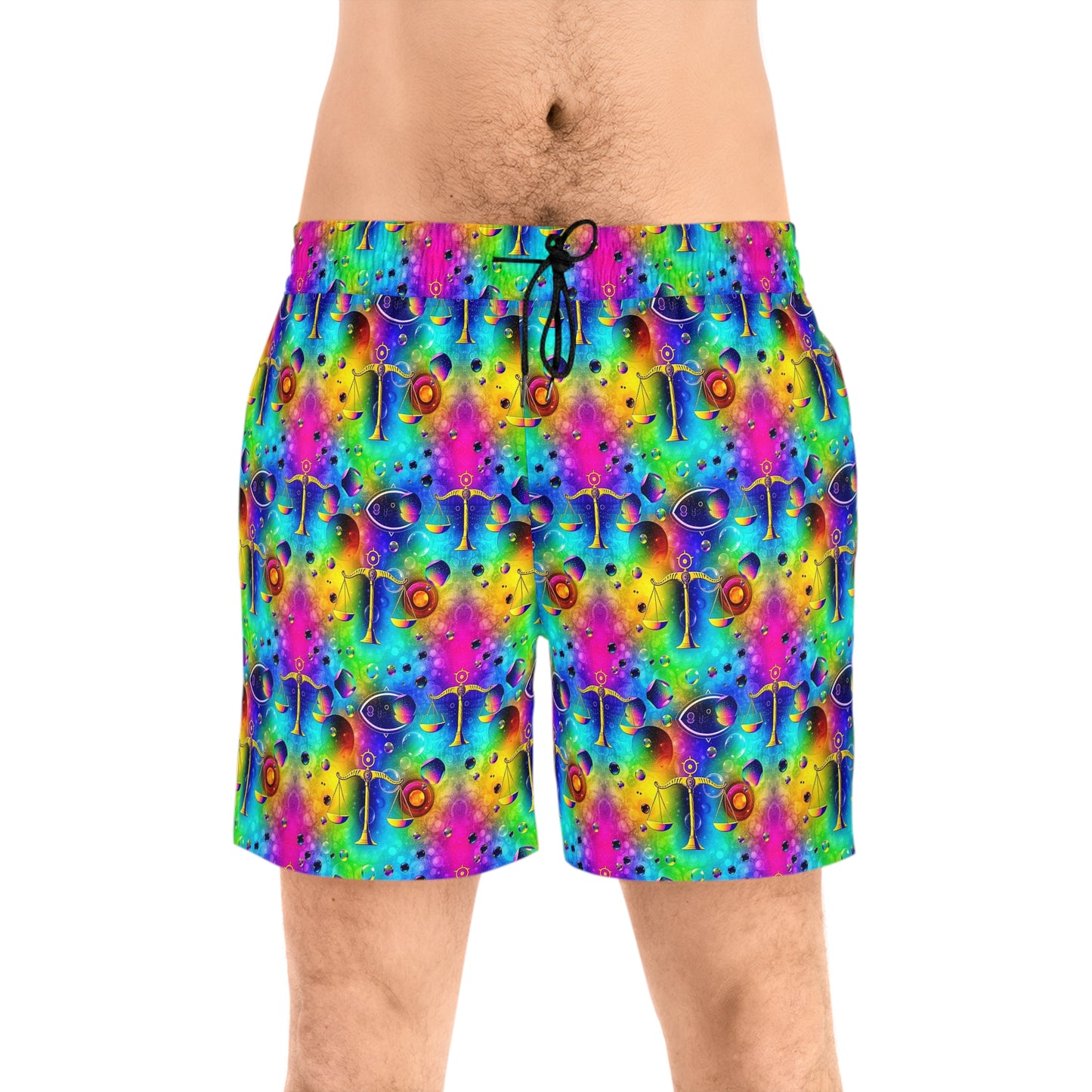 Men's Mid-Length Swim Shorts, (AOP), Libra, Zodiac v4, Bubble Pattern