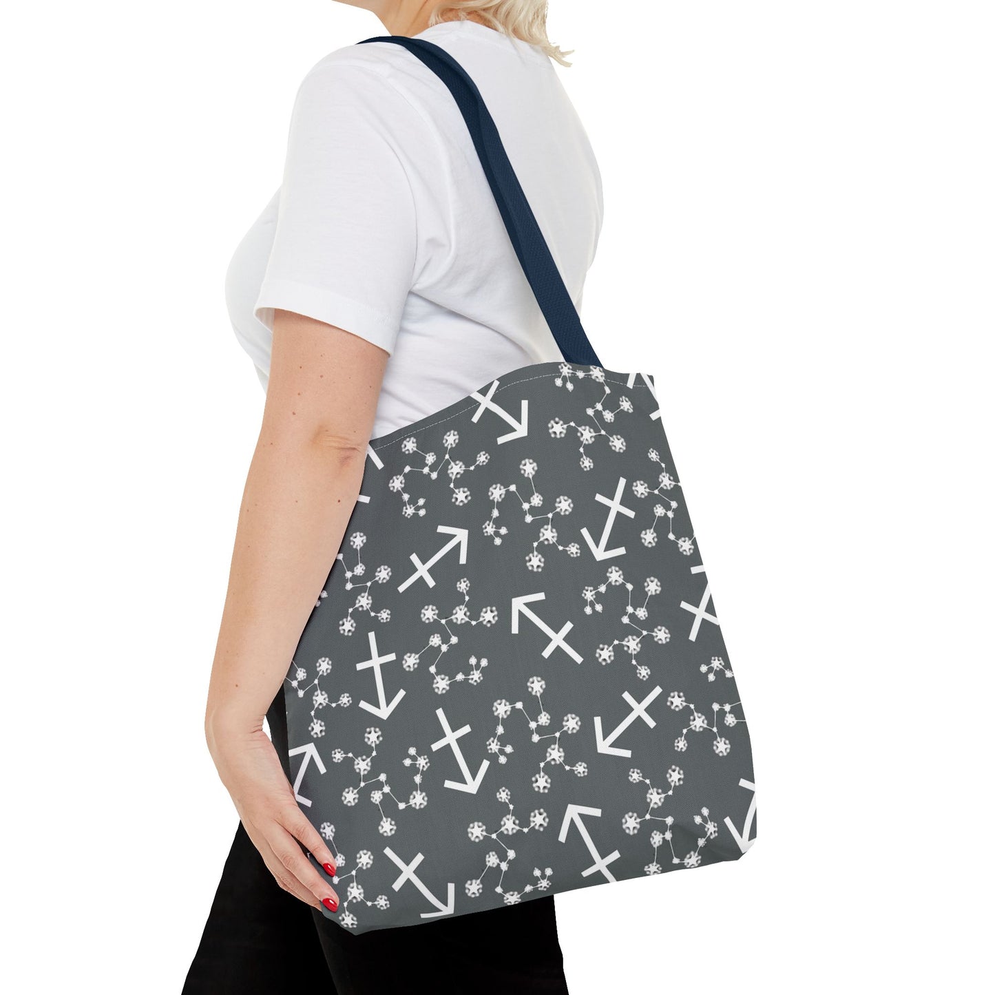 Tote Bag, Sagittarius Zodiac Sign, AOP, (Grey, White Print)