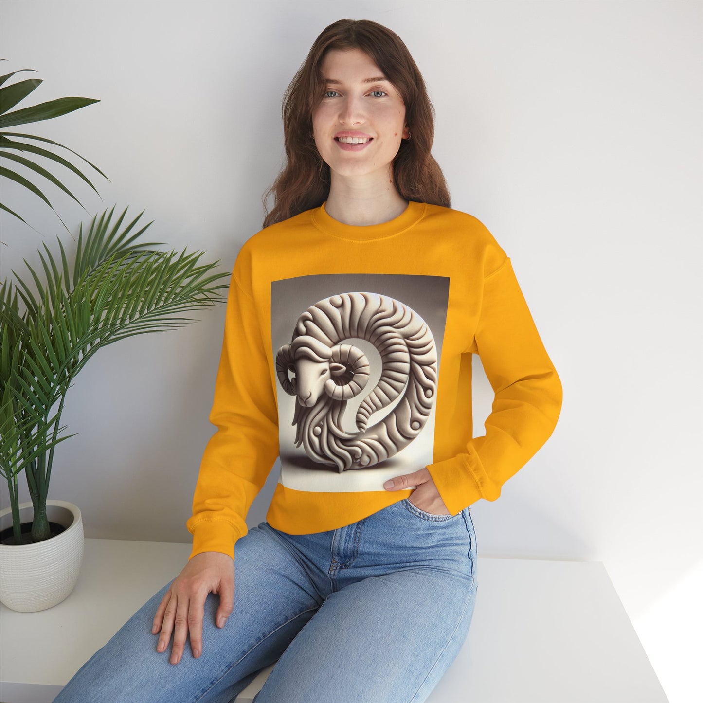 Unisex Heavy Blend™ Crewneck Sweatshirt, Round Statue, Aries Zodiac Design