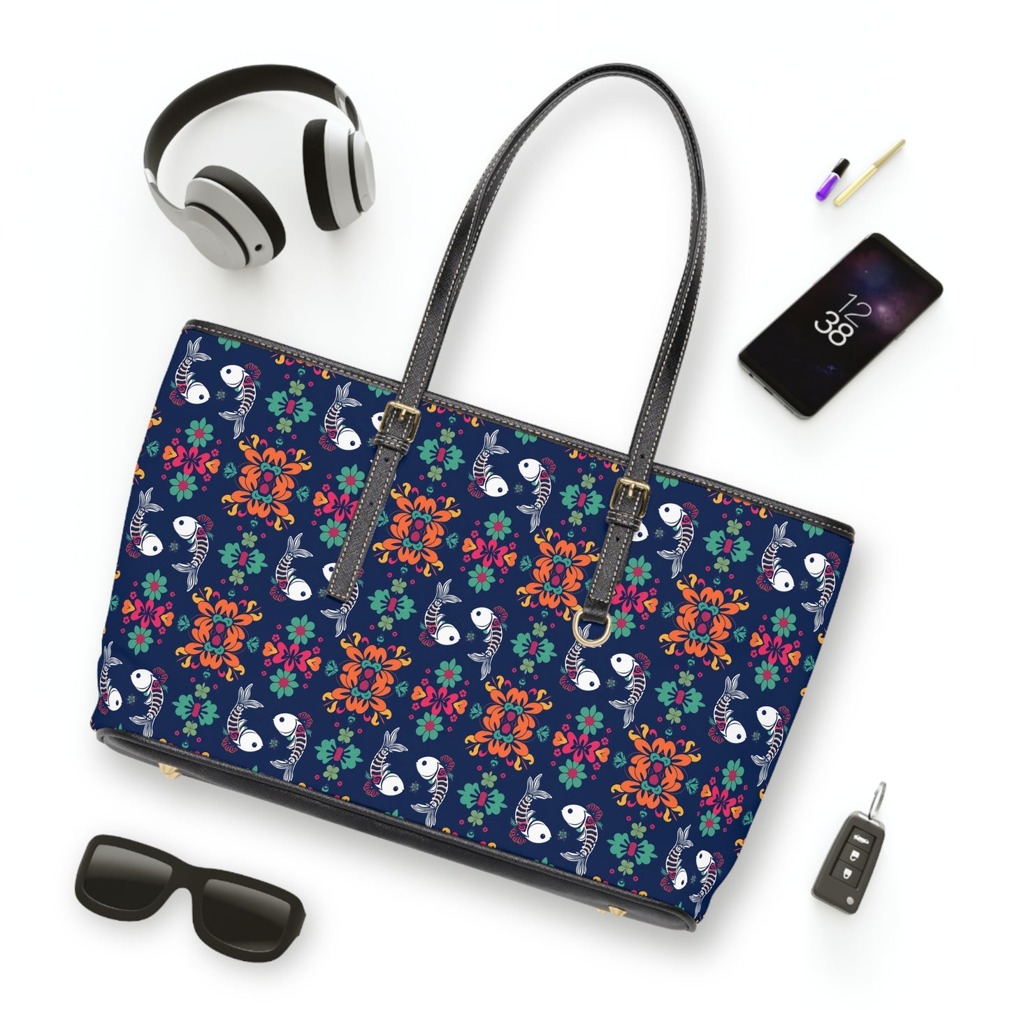 Leather Shoulder Bag, Pisces, Zodiac v2, Flower Pattern