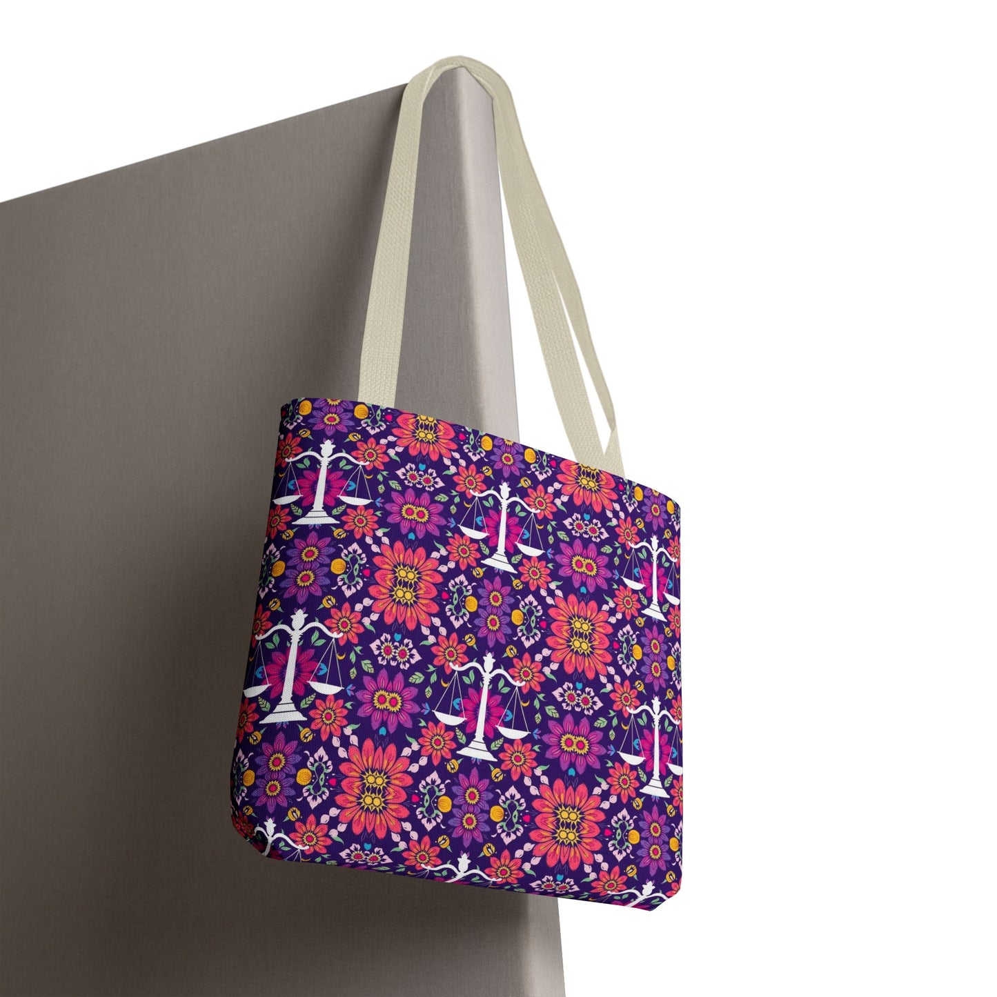 Tote Bag, (AOP), Libra, Zodiac v2, Flower Pattern