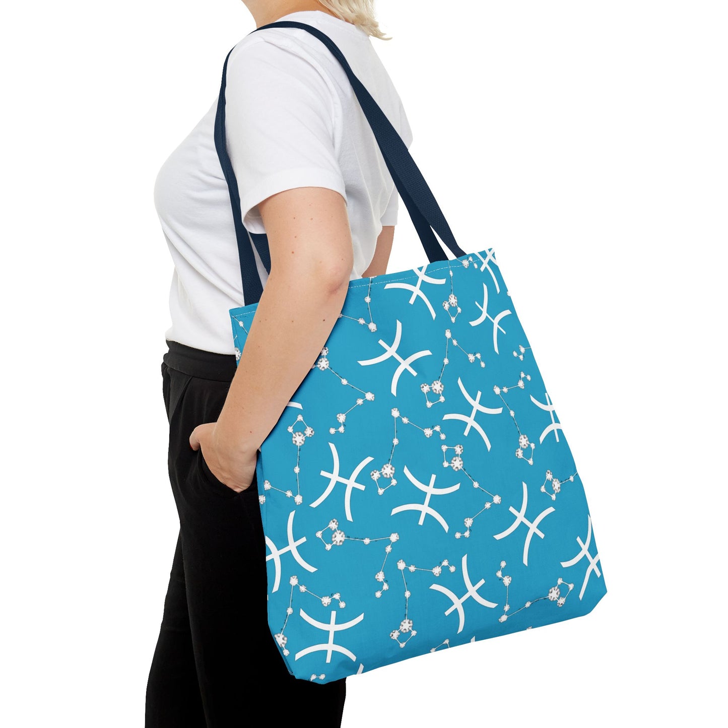 Tote Bag, Pisces Zodiac Sign, AOP, (Turquoise, White)