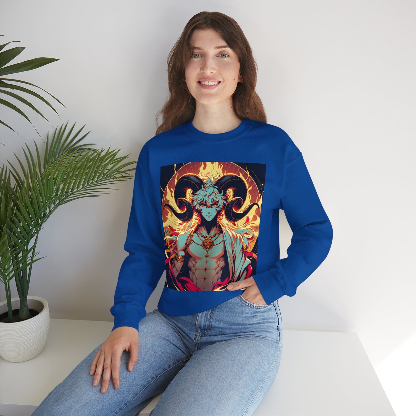 Unisex Heavy Blend™ Crewneck Sweatshirt, Anime Fire Aries, Zodiac Design