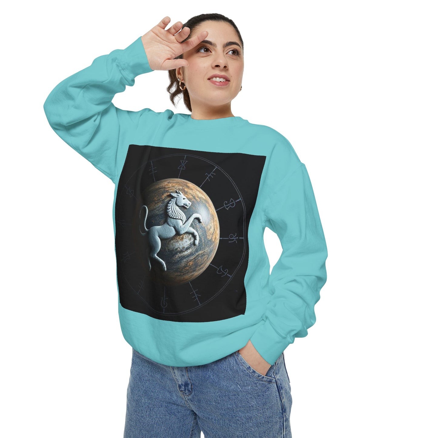 Garment-Dyed Sweatshirt, Unisex, Space Animal Design, Aquarius