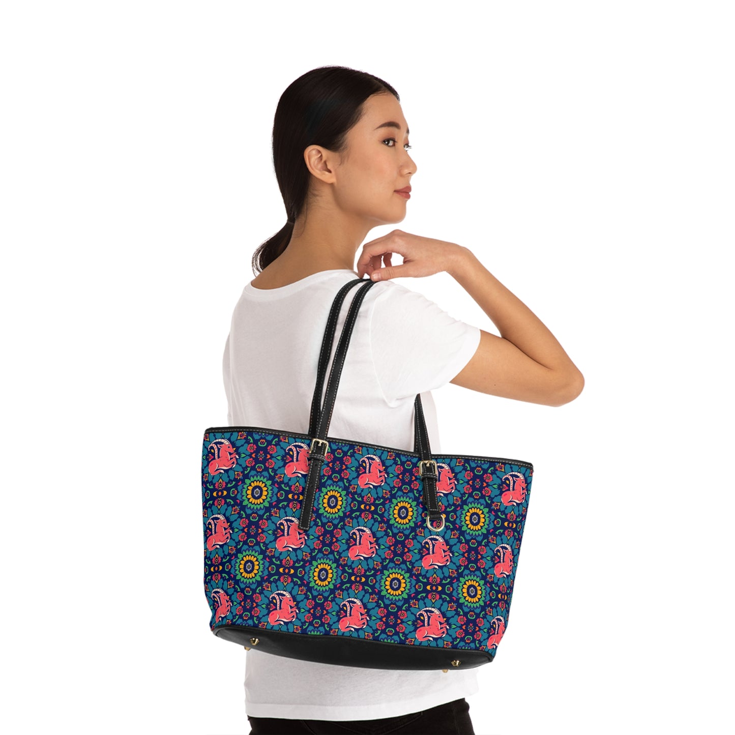 Leather Shoulder Bag, Capricorn, Zodiac v1, Flower Pattern
