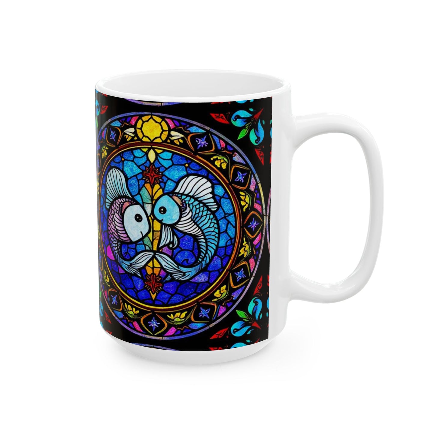 Ceramic Mug, (11oz, 15oz), Ceramic Coffee Mug, AOP, Glass Design v1, Pisces Zodiac Sign