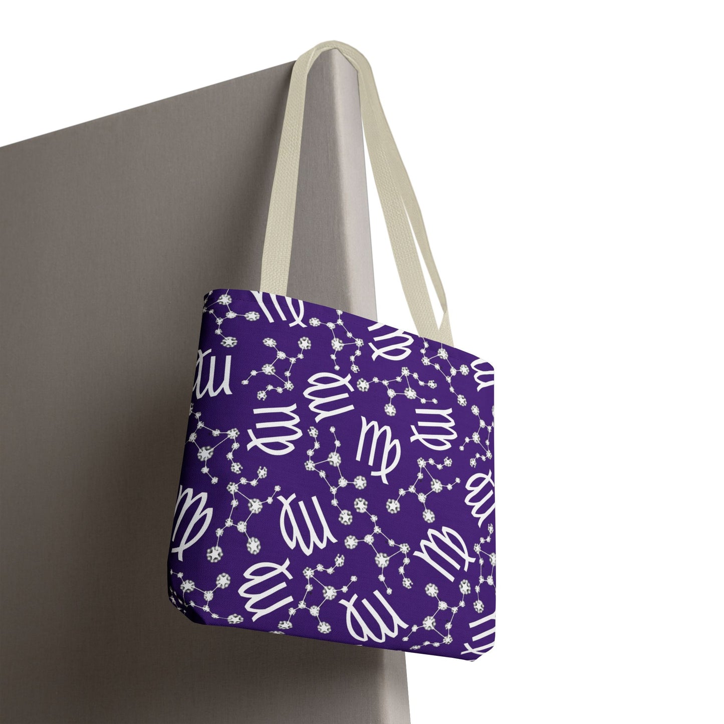 Tote Bag, Virgo Zodiac Sign, AOP, (Purple, White)