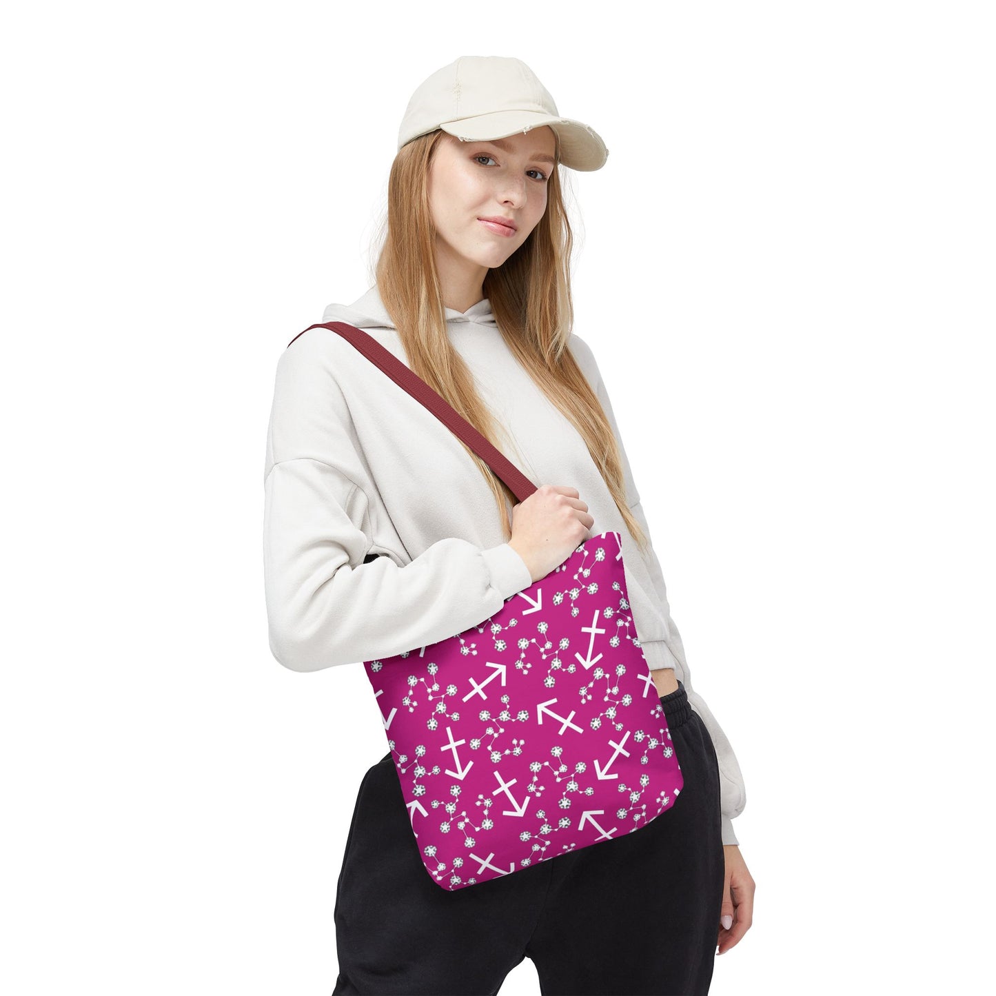 Tote Bag, Sagittarius Zodiac Sign, AOP, (Pink, White Print)